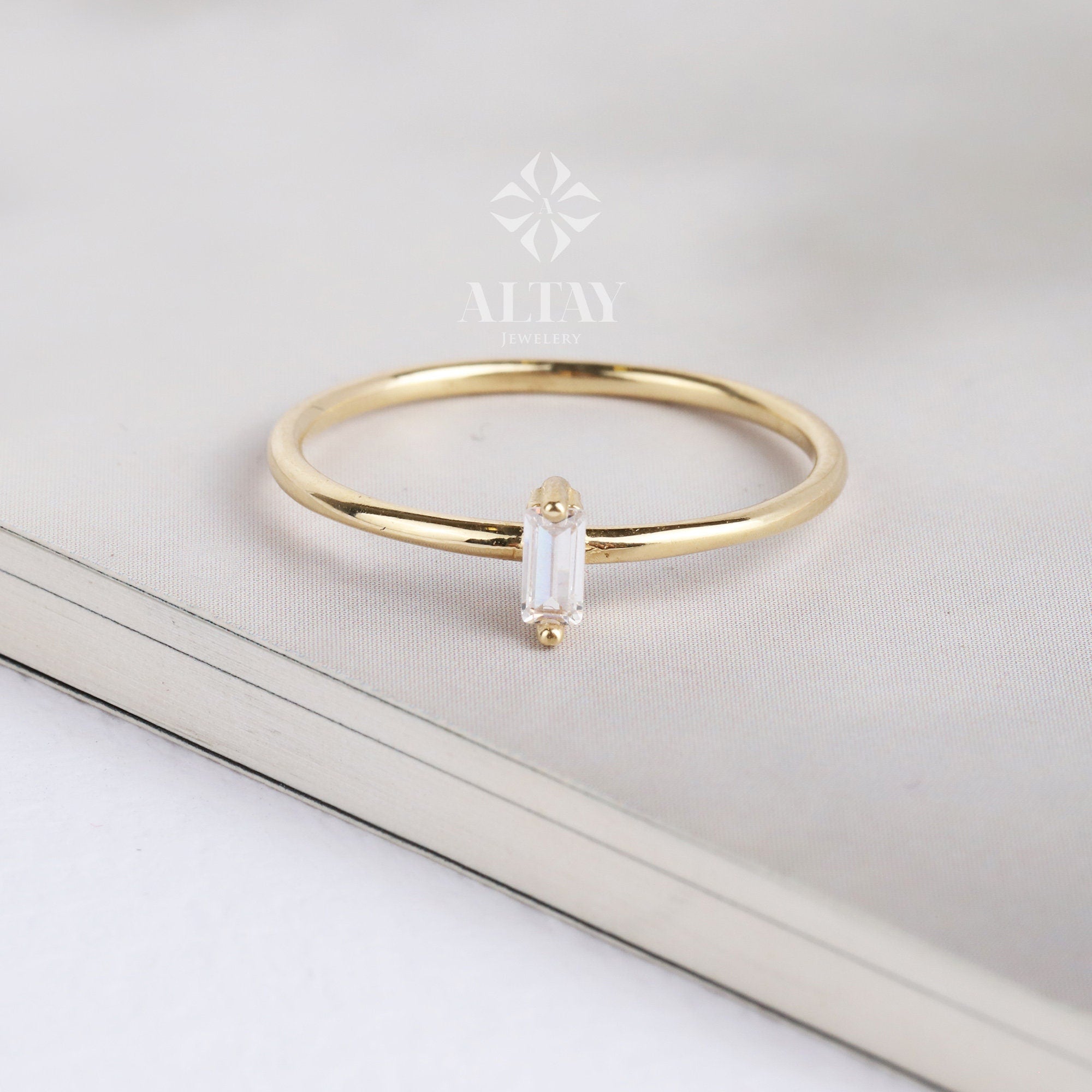14K Gold Birthstone Baguette Ring, Custom Gemstone Ring, Personalized Solitaire Band, Solo Mothers Baguette Ring, Women Gemstone Ring