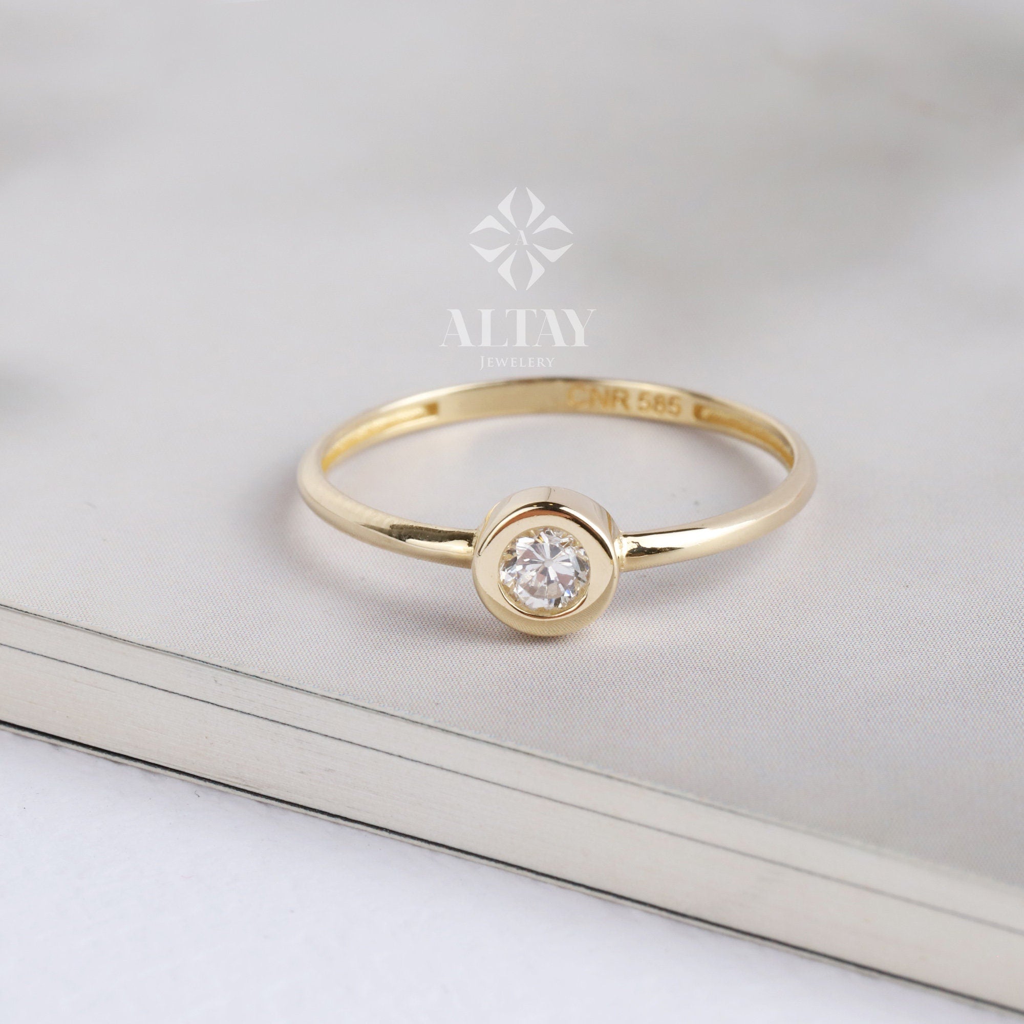 14K Solitaire Ring, CZ Diamond Bezel Ring, Stackable Band Ring, Dainty Promise Ring, CZ Diamond Engagement Band Ring, Round Bezel Set Ring