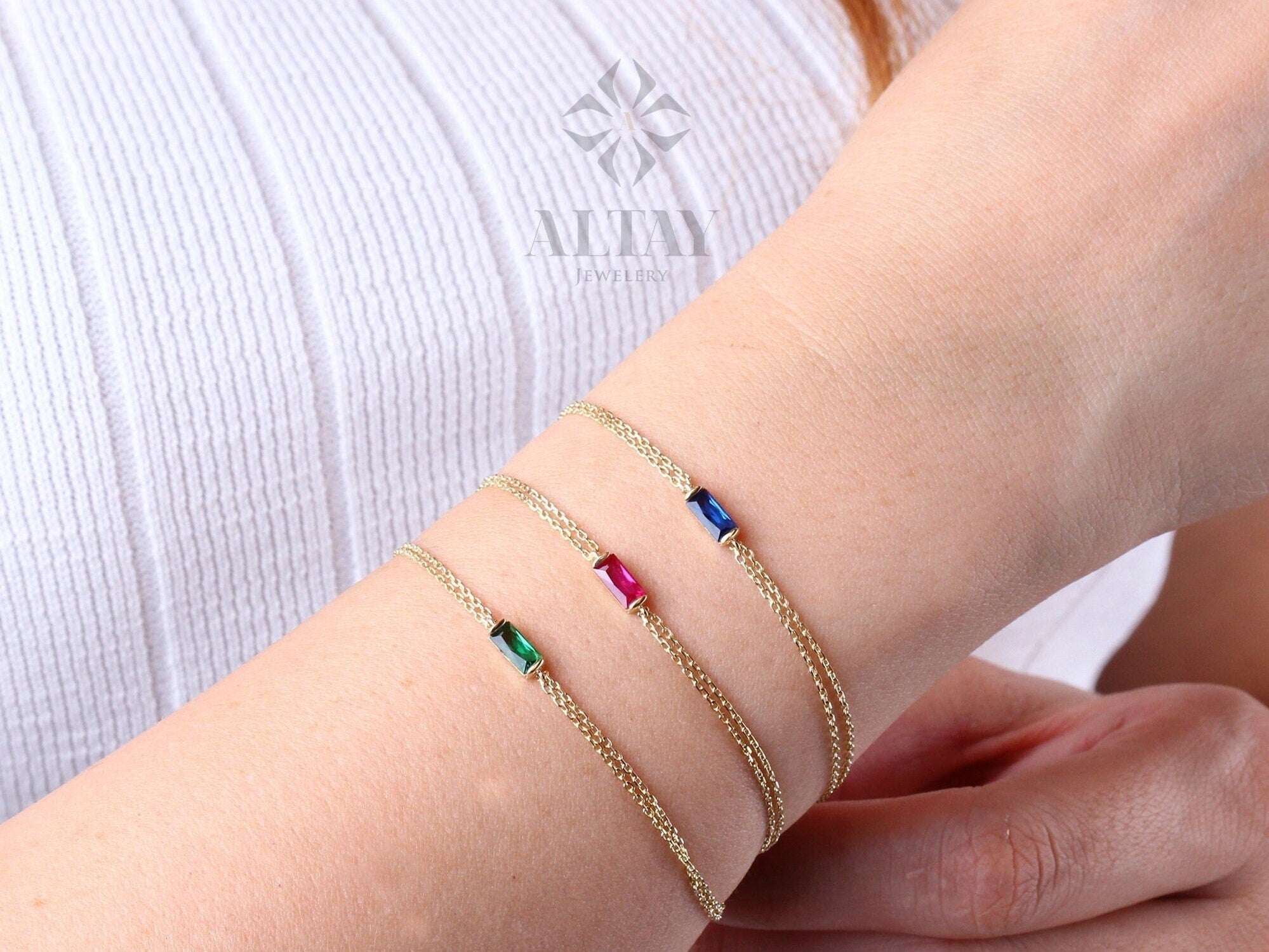 14K Gold Birthstone Baguette Bracelet, Dainty Baguette Bracelet, Emerald Bracelet, Sapphire Bracelet, Ruby Bracelet, Thin Chain Bracelet