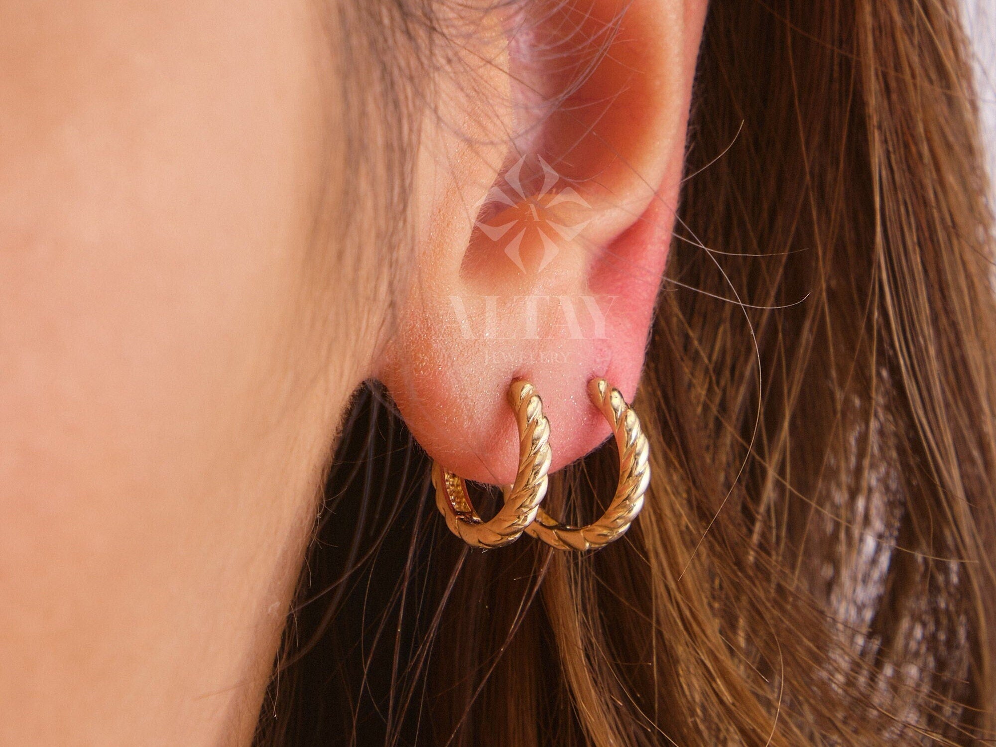 14K gold rope huggie earrings, twist huggie hoops