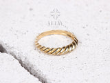 14K Solid Gold Croissant Ring, Twist Dome Ring