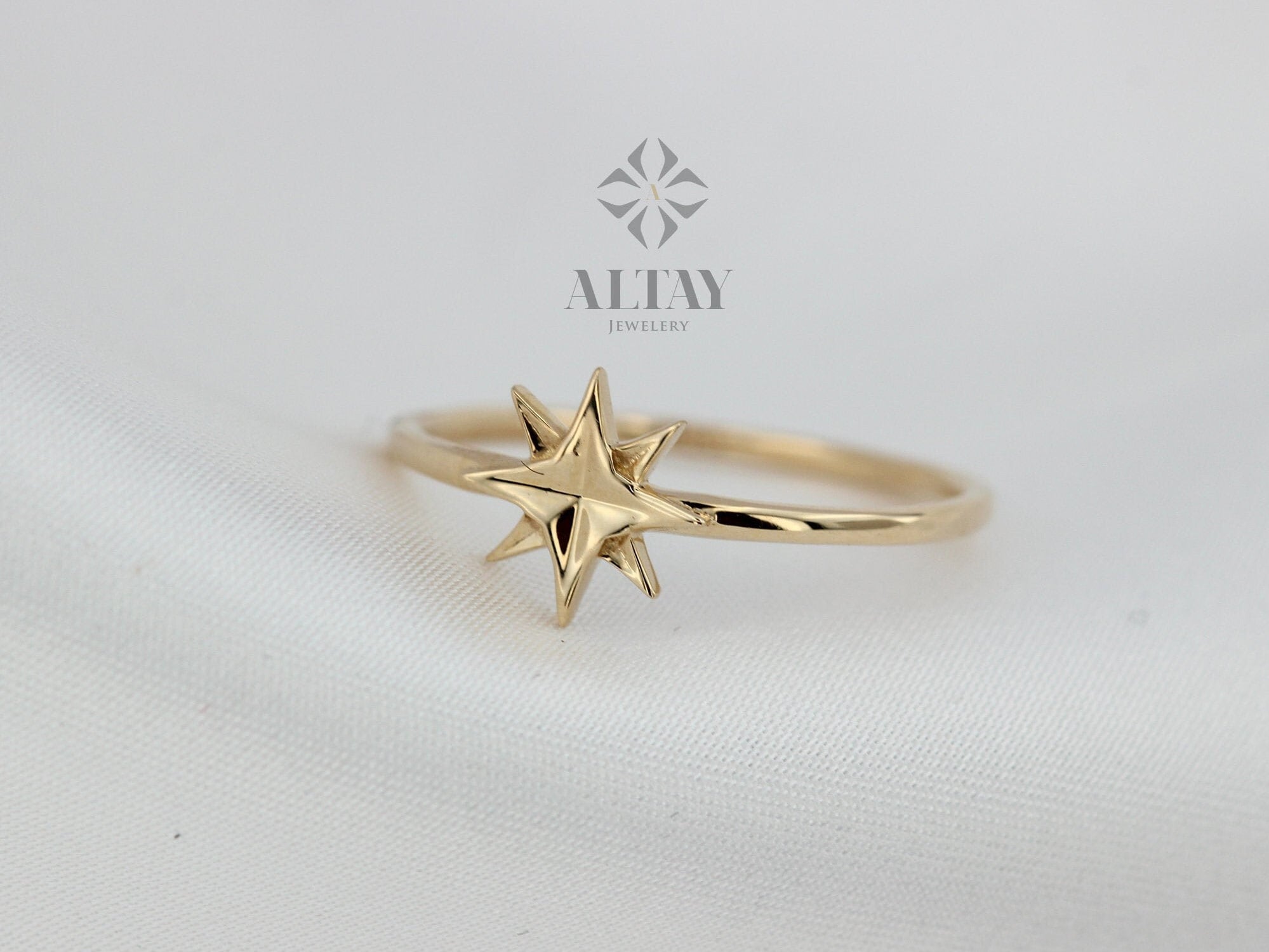 14K Solid Gold North Star Ring, Star Stackable Ring, Dainty Star Ring, Gold Starbust Ring, Minimalist Fine Jewelry, Gift For Her , Delicate
