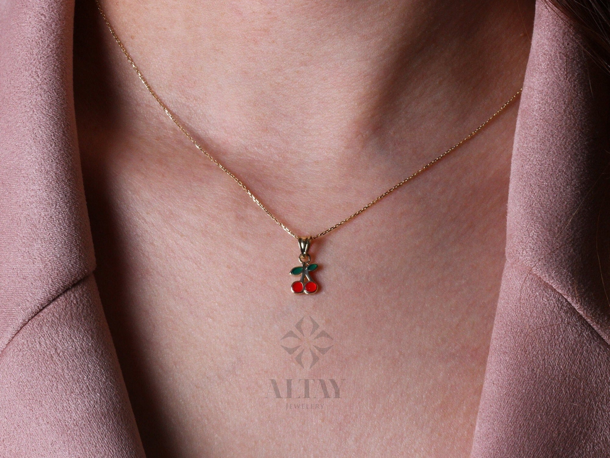 14K Gold Cherry Necklace, Dainty Cherries Pendant, Layering Chain Charm, Tiny Fruit Choker, Everyday Gold Jewelry, Birthday Gift for Her