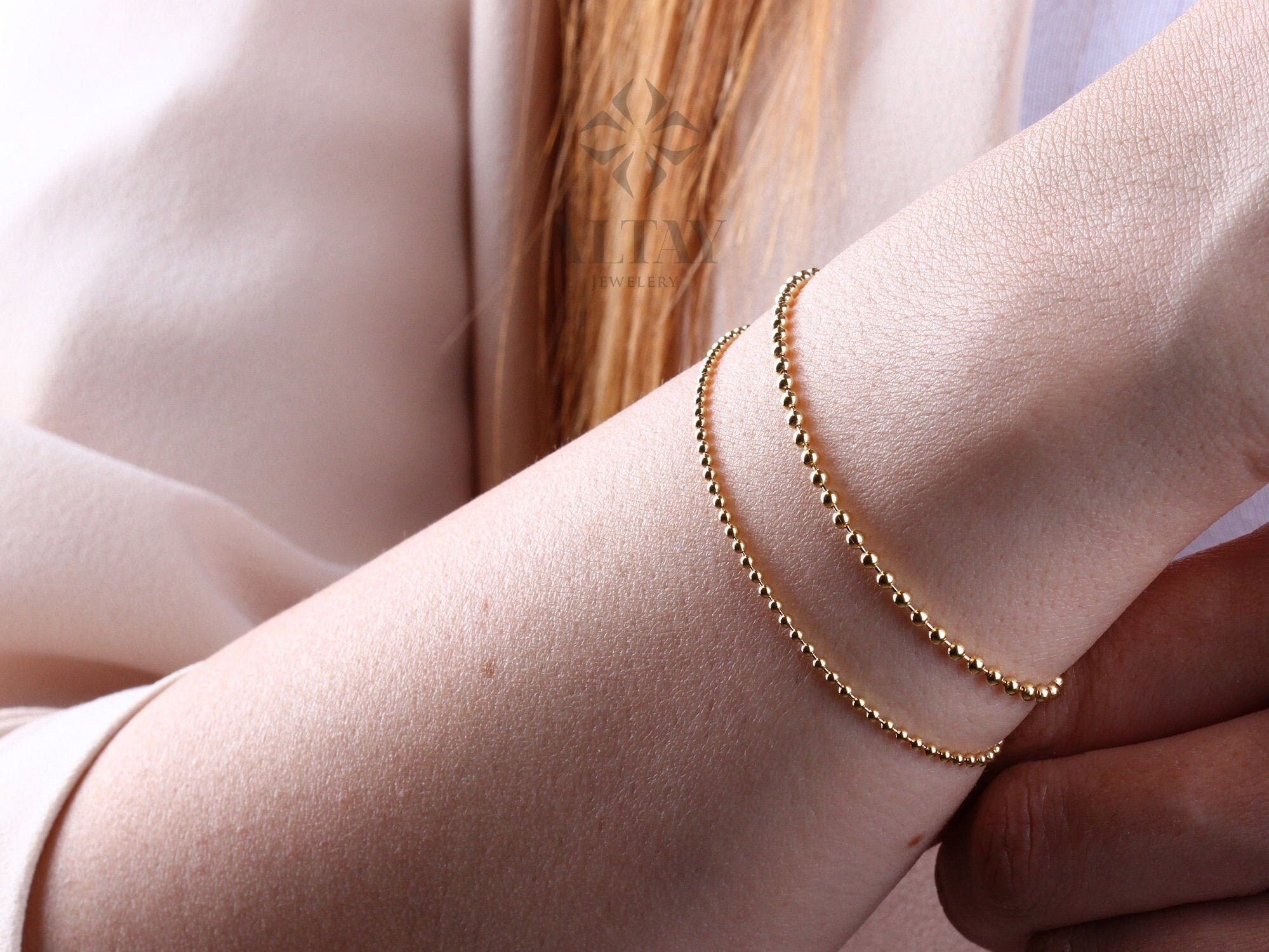 14K Gold Beaded Chain Bracelet, Italian Ball Bead Bracelet, 1.5MM 2MM Layering Link Wristband, Delicate Dainty Gold Beads, Gift For Her Him