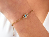 14K Gold Evil Eye Bracelet, Rolo Chain Link Evil Eye Bracelet
