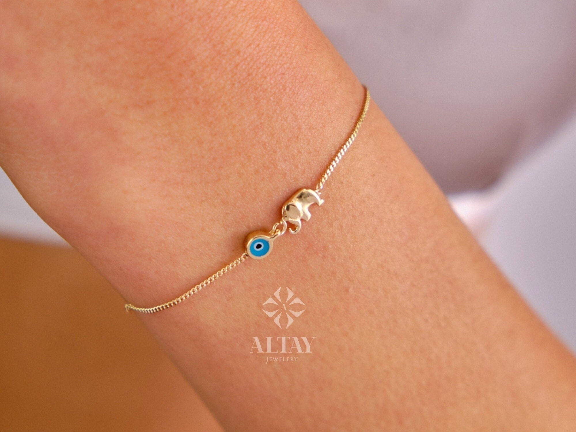 14K Gold Elephant Bracelet, Elephant Charm Bracelet, Evil Eye Bracelet, Third Eye Bracelet, Dainty Gold Chain, Minimalist Animal Bracelet