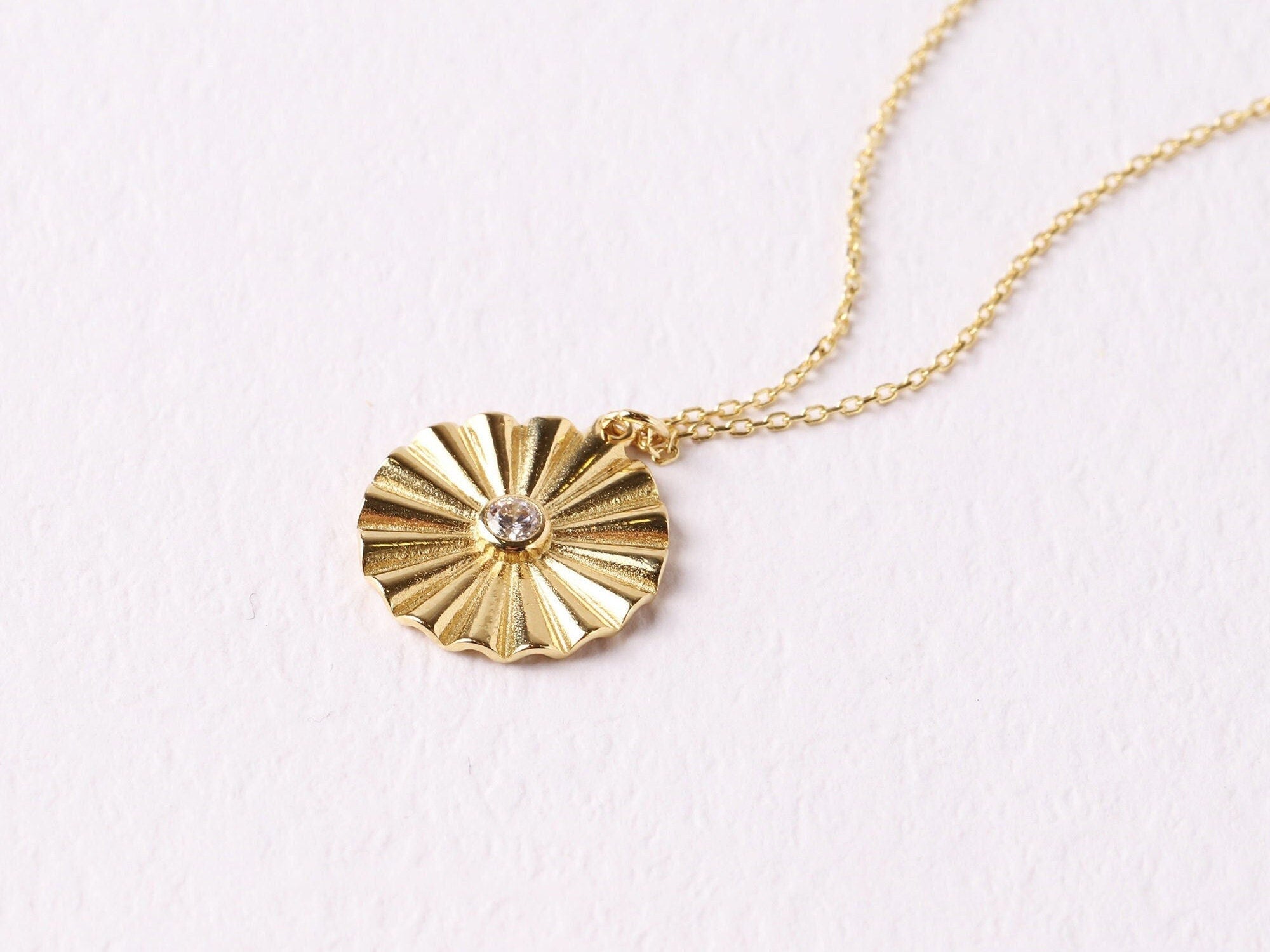 14K Gold Sunshine Necklace, Circle Sunshine Pendant, Disc Sun Charm Choker, Sunburst Medallion Necklace, Coin Necklace, Christmas Sale