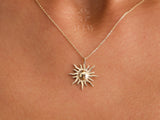 14K Gold Sun Necklace, Sunburst Celestial Pendant
