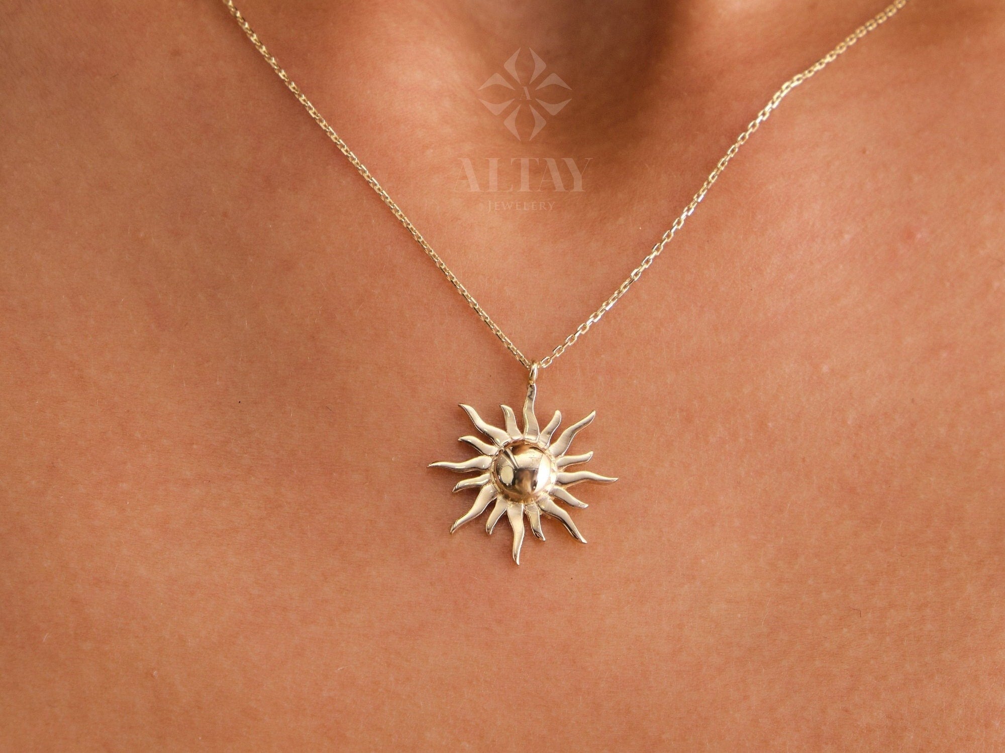 14K Gold Sun Necklace, Sunburst Celestial Pendant, Sun Charm Choker, Gold Sun Medallion, Gold Layering Chain, Gold Solar Necklace, Gift