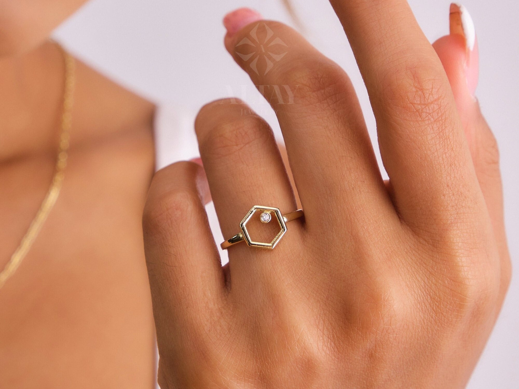 14K Gold Hexagon Ring, Cz Diamond Ring, Geometric Knuckle Ring, Hexagon Stacking Band Ring, Dainty Wedding Ring, Unique Design Gold Ring