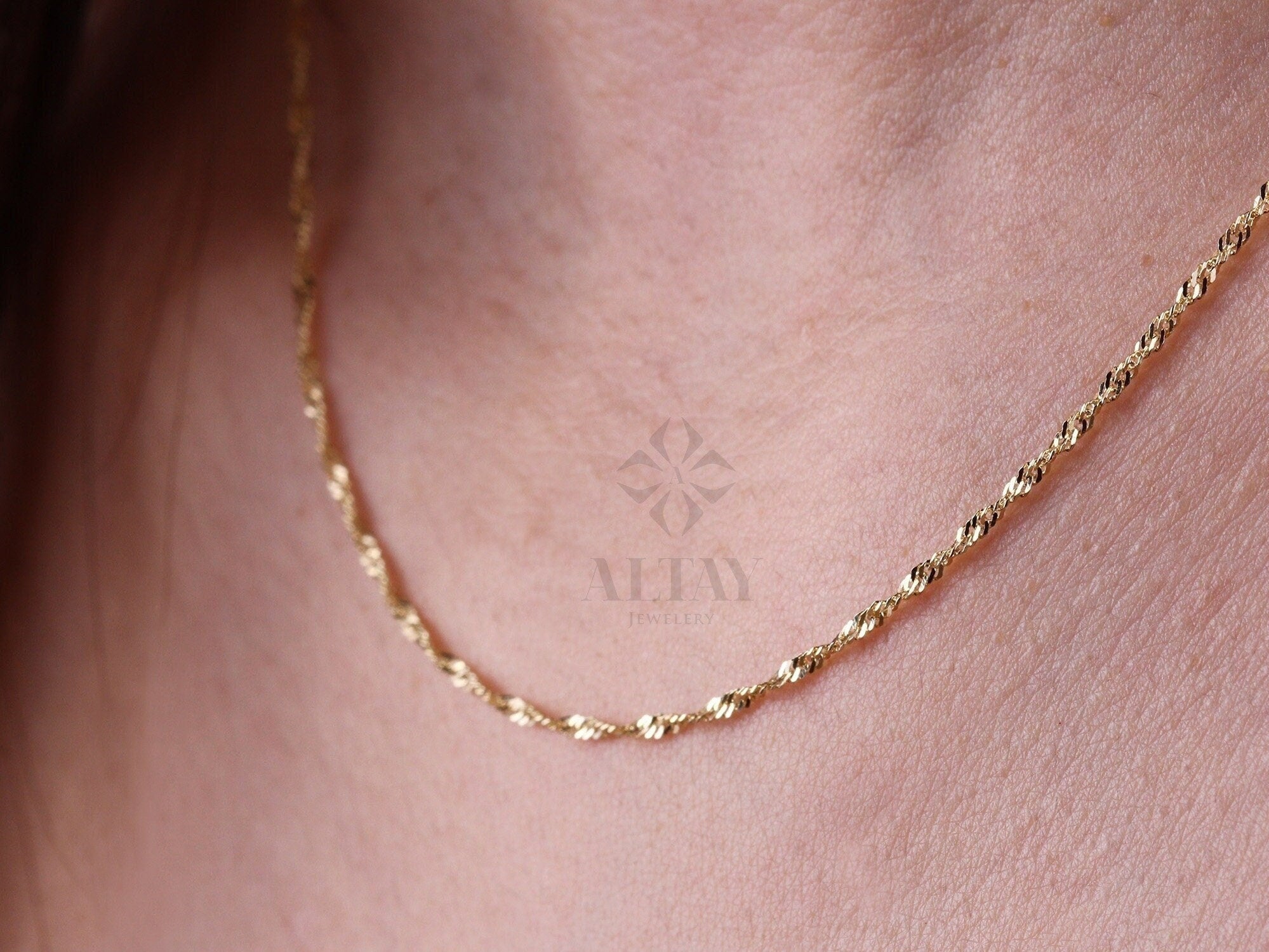 Solid 14K Gold Singapore Chain Necklace, Twisted Dainty Chain, Delicate Layered Necklace, Minimal Gold Chain, Real Gold Jewelry Gift For Her