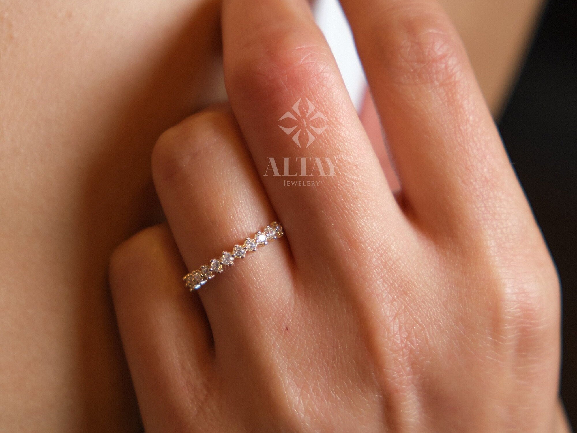 14K Gold Half Eternity Ring, 2mm CZ Diamond Wedding Ring, Round Wedding Ring, Delicate Engagement Band, Stacking Promise Ring