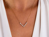 14K Gold V Shaped Necklace, CZ Baguette Diamond Chevron Pendant Necklace