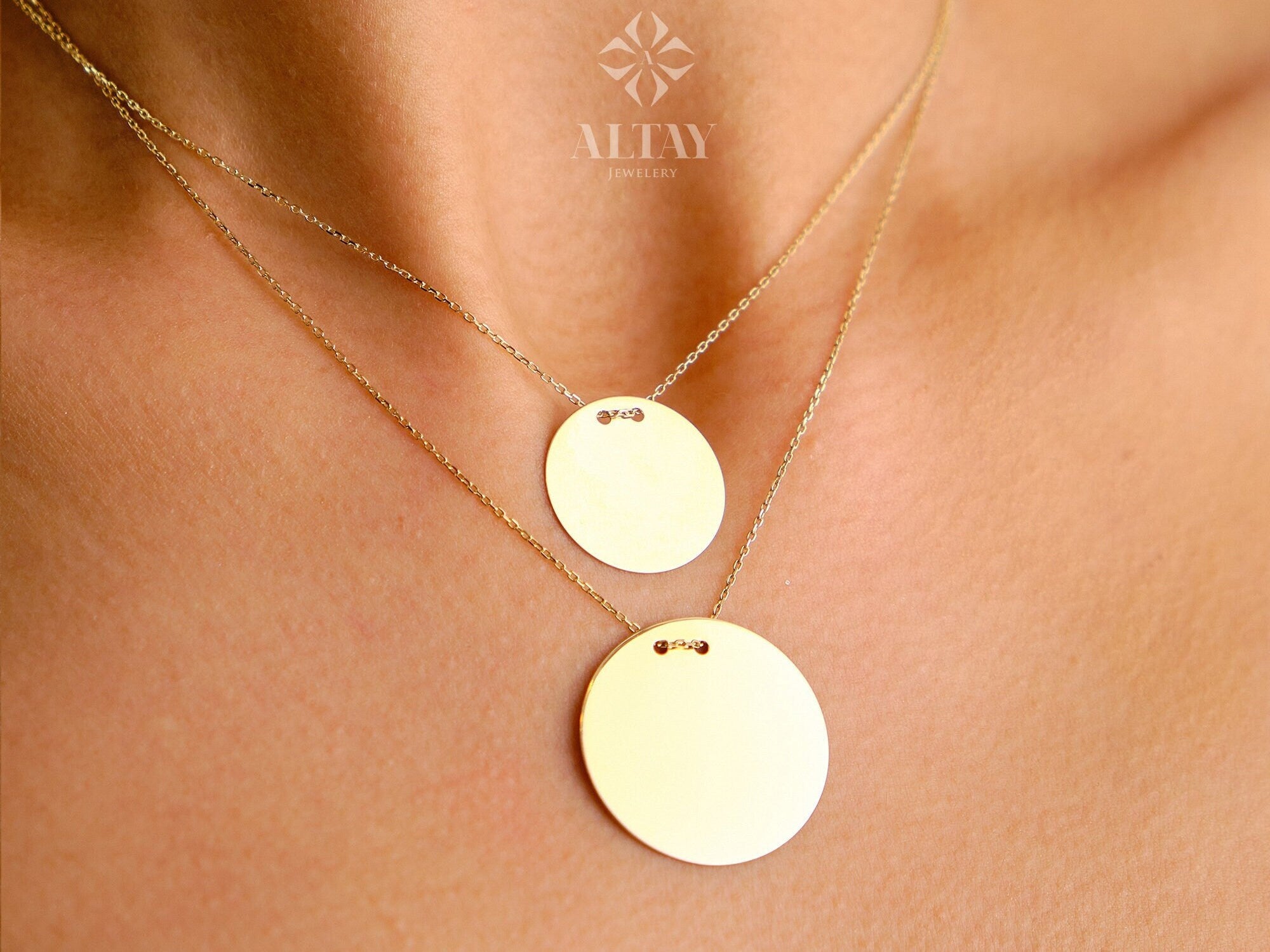 14K Solid Gold Personalized Disk Necklace, Custom Name Coin Necklace, Engraved Date Coin, Initial Disk Minimal Charm, Gift For Her