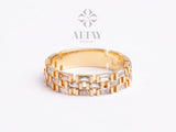 14K Gold Chain Ring, Baguette Cz Diamond Band Ring