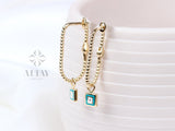 14K Gold Turquoise Rectangle Earrings, Square Stone Hoop Earrings