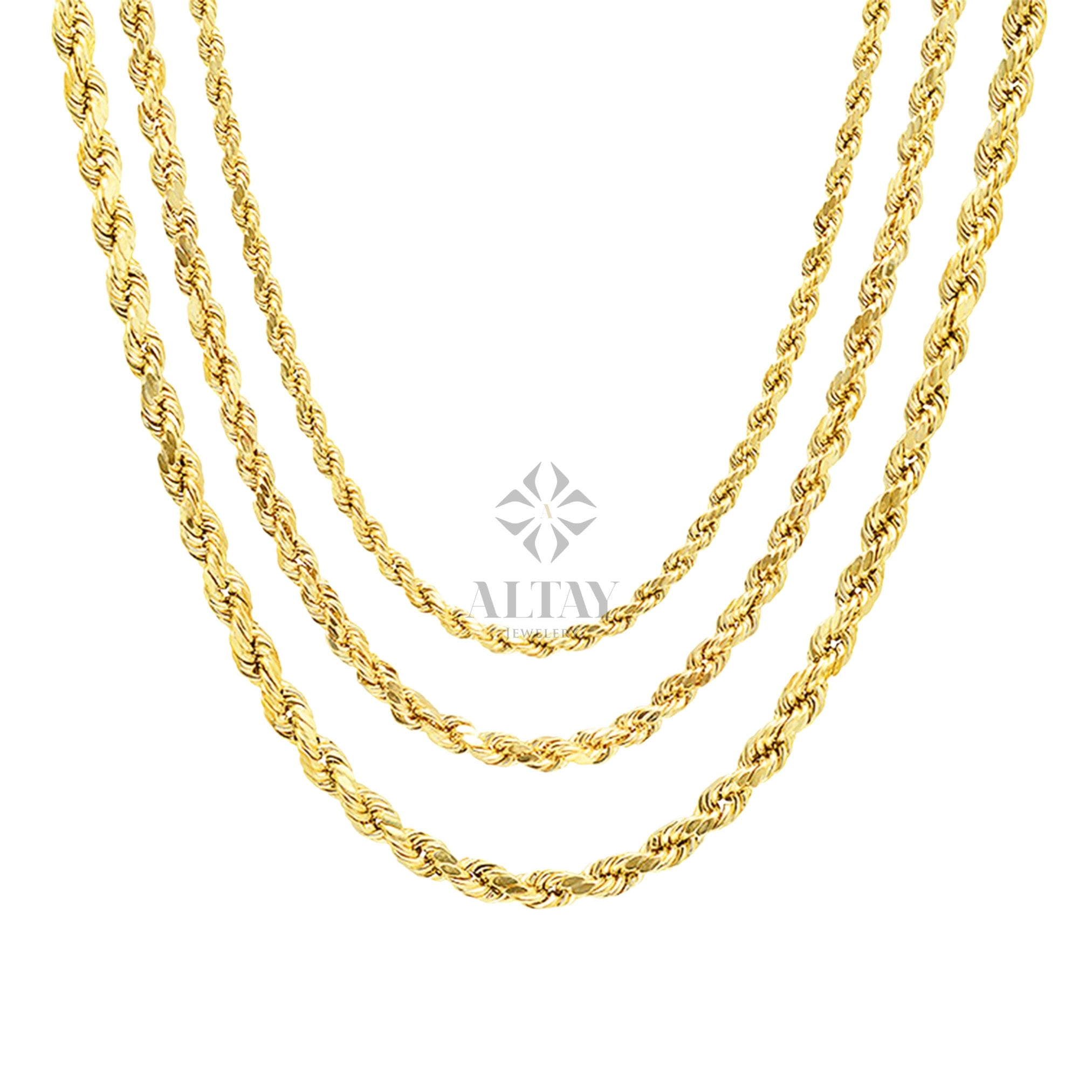 14K Gold Rope Chain Necklace, 2mm 3mm 4mm Rope Chain Necklace, Diamond Cut Twisted Chain Choker, Men Women Gold Necklace, Layering Necklace