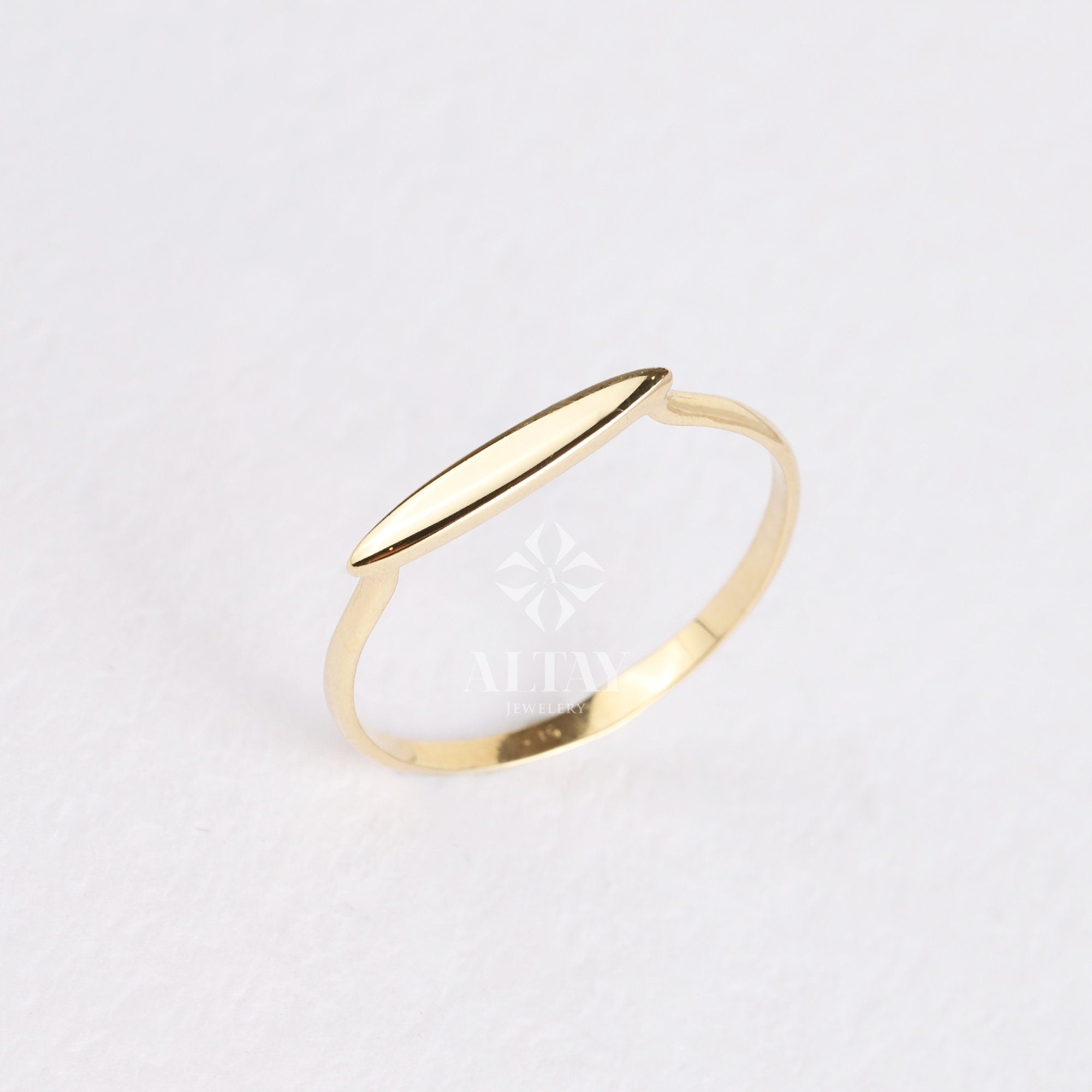 14K Solid Gold Rectangle Bar Ring, Plain Stacking Ring, Thin Gold, Stackable Knuckle, 14K Custom Name Ring, Date Engraved Personalized Gift