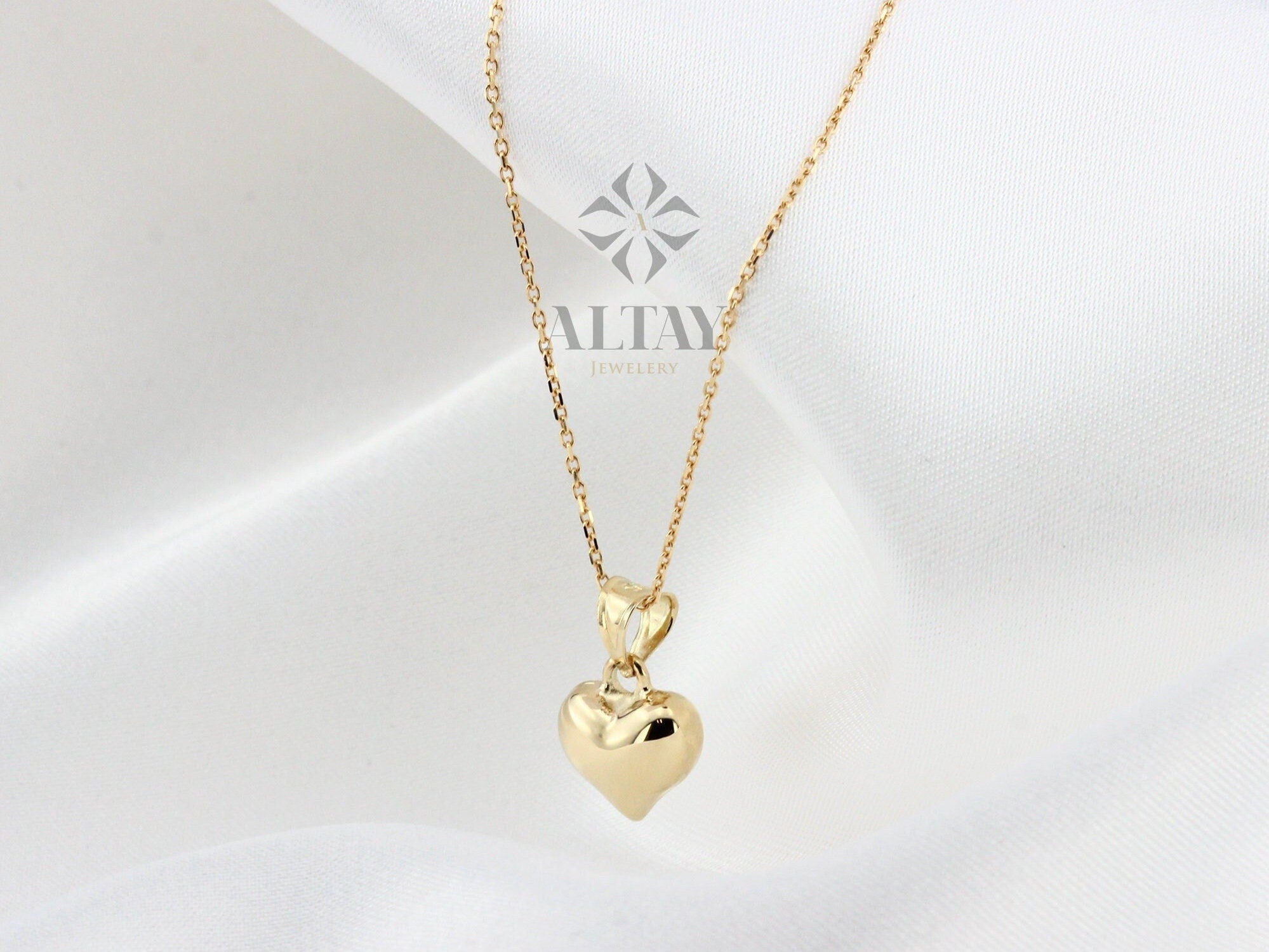 14K Gold Heart Necklace, Small Heart Pendant, Mini 3D Heart Charm Pendant, Puffy Heart Gold Charm, Love Pendant Necklace, Gift for Her