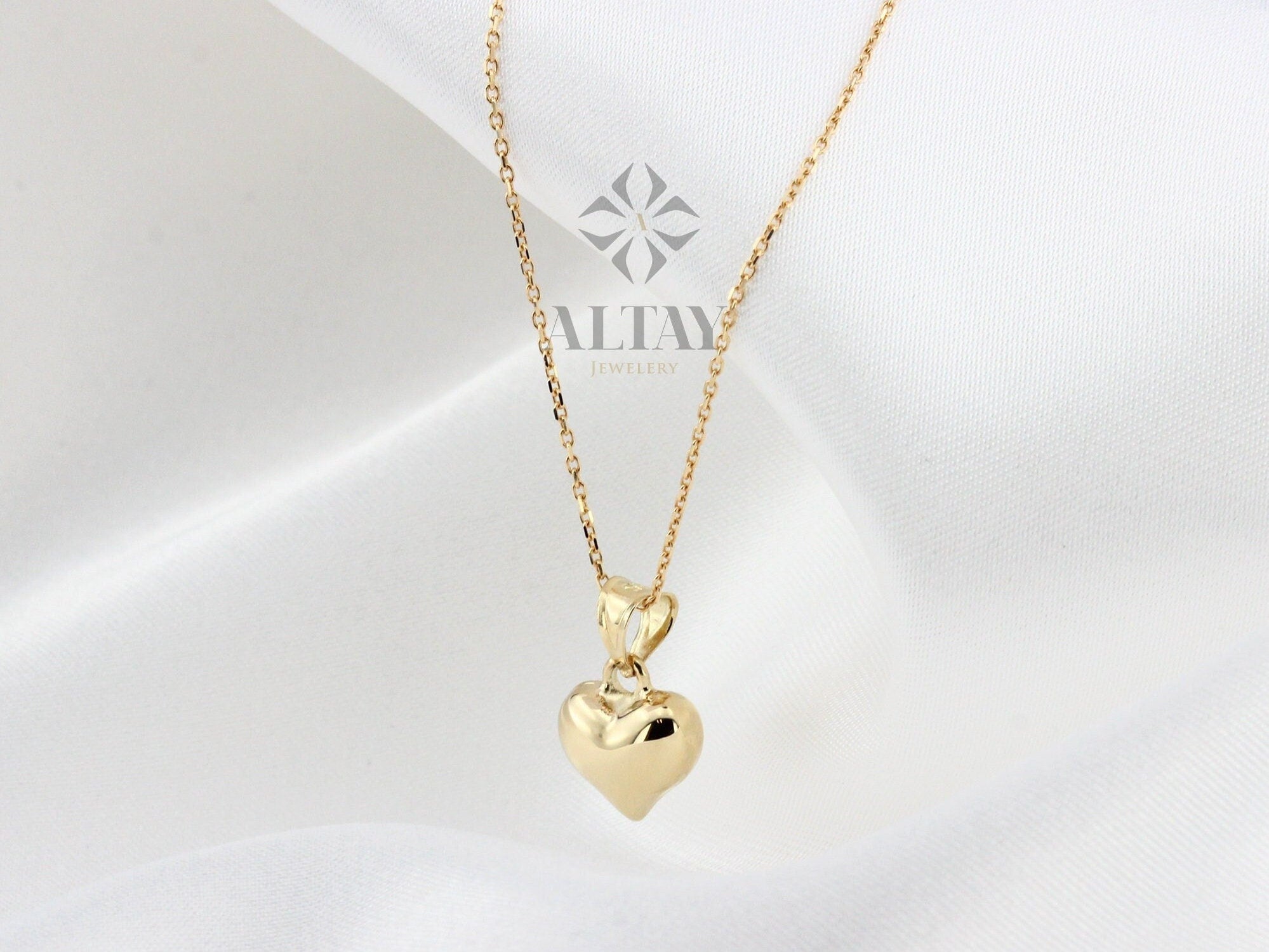 14K Gold Heart Necklace, Small Heart Necklace, Mini 3D Heart Pendant, Puffy Heart Real Gold Charm, Love Pendant Necklace, Gift for Her