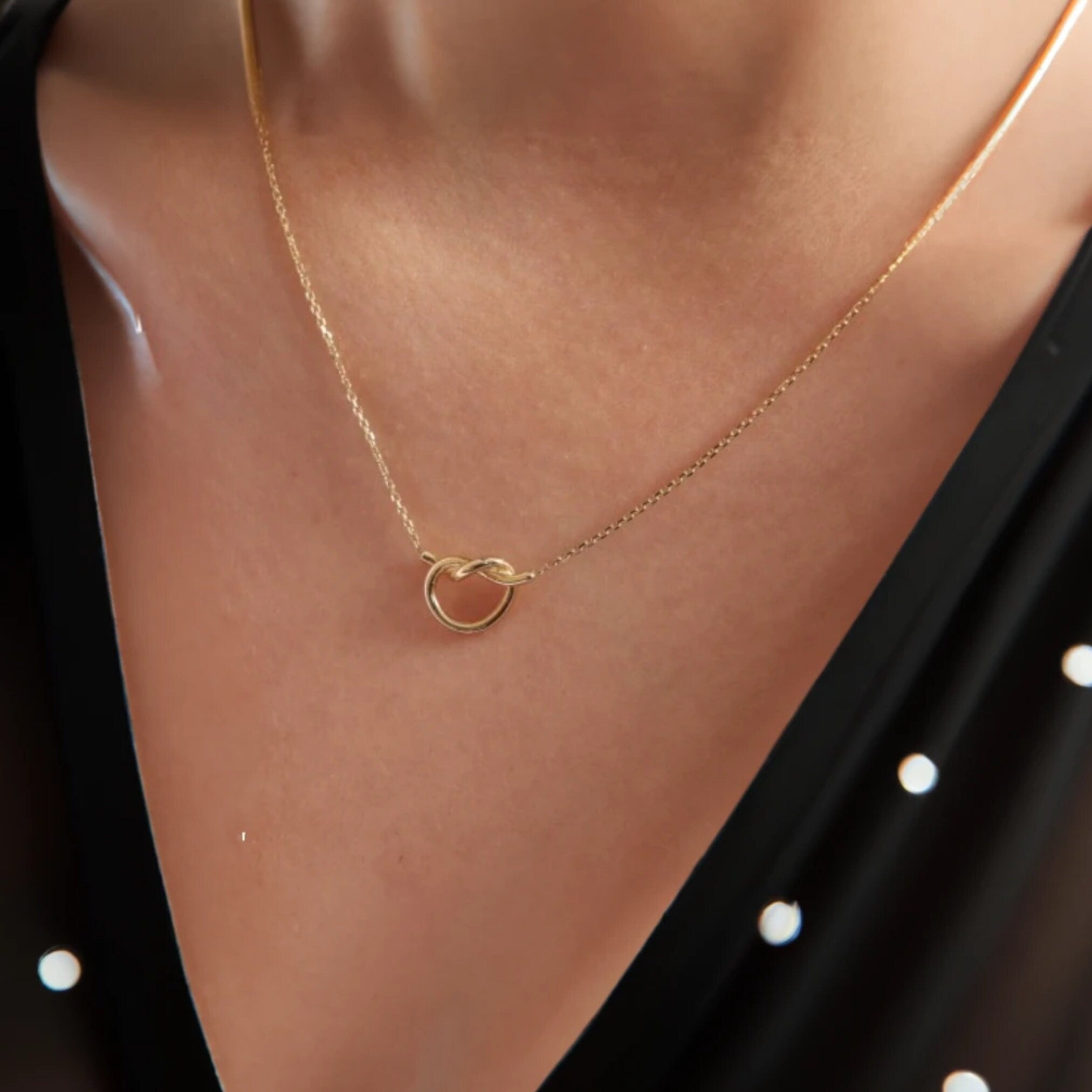 14K Solid Gold Heart Knot Necklace, Love Tie Knot Choker, Dainty Knot Pendant, Pretzel Knot Charm, Twisted Wire Tie, Bridesmaid Jewelry