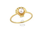 14K Gold Seashell Pearl Ring, Gold Shell Ring