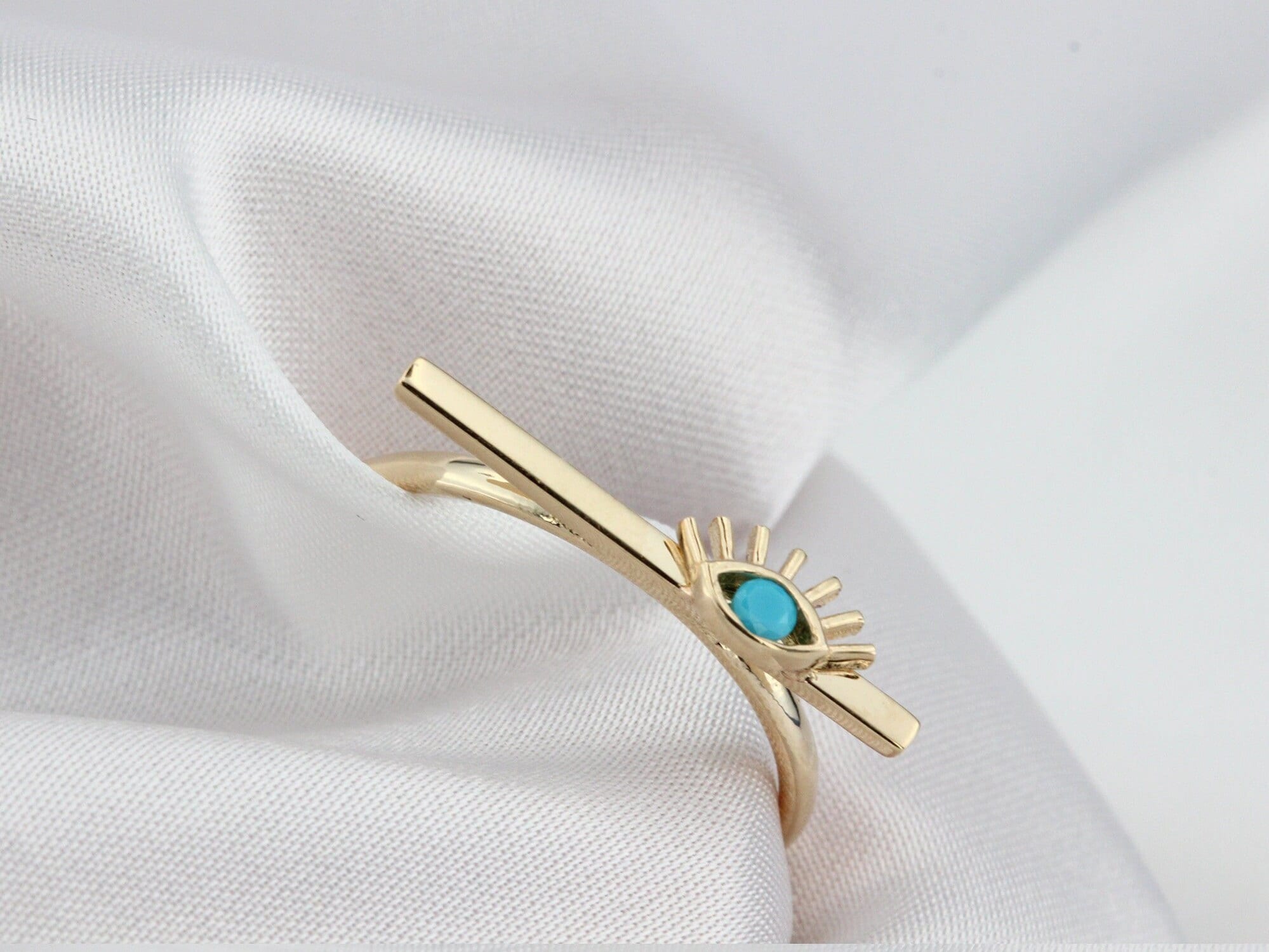 14K Gold Evil Eye Bar Ring, Stackable Dainty Ring, Turquoise Ring, Good Luck Symbol, Minimalist Jewelery, Birthday Bridesmaid Gift, Delicate