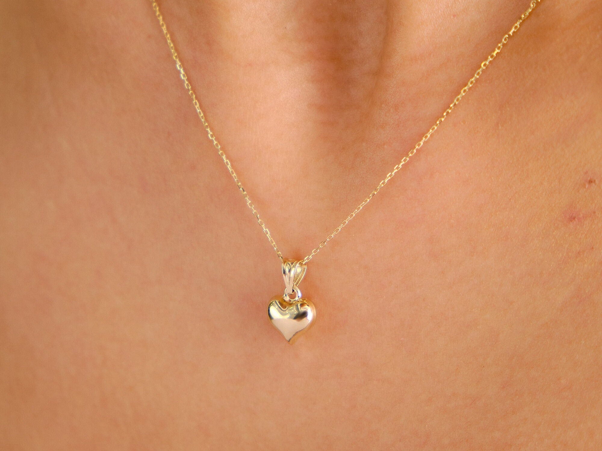 14K Gold Heart Necklace, Small Heart Pendant, Mini 3D Heart Charm Pendant, Puffy Heart Gold Charm, Love Pendant Necklace, Gift for Her