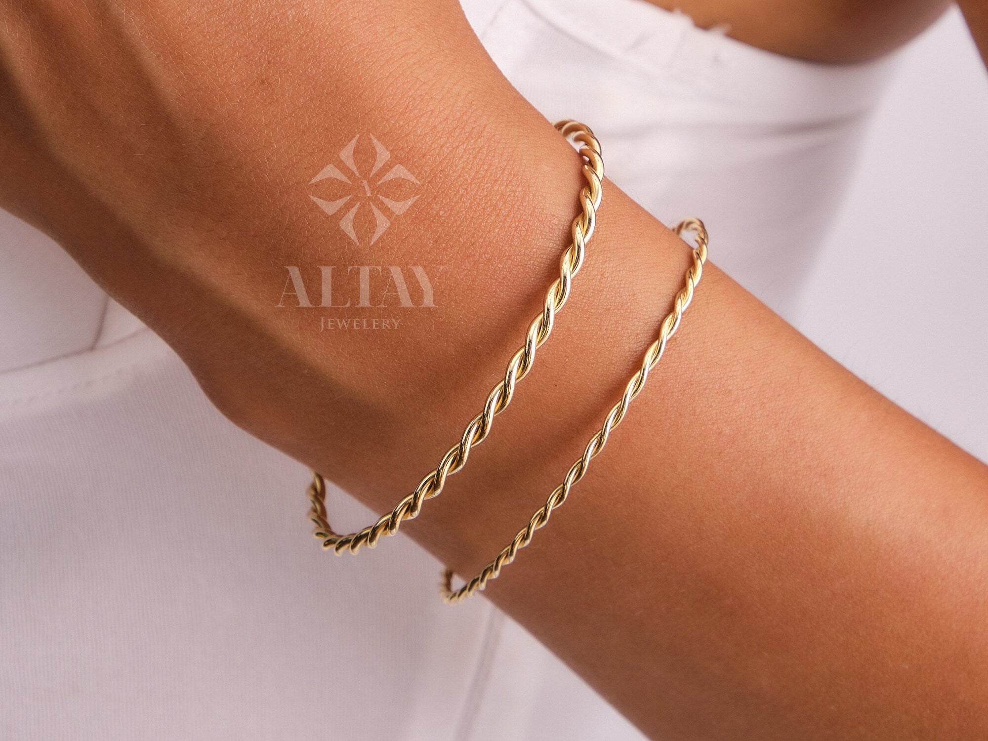 14K Gold Rope Bangle, Twisted Adjustable Gold Bangle, 2.75mm 1.95mm Wide Bracelet, Personalized Evil Eye Extender, Wire Stacking Cuff