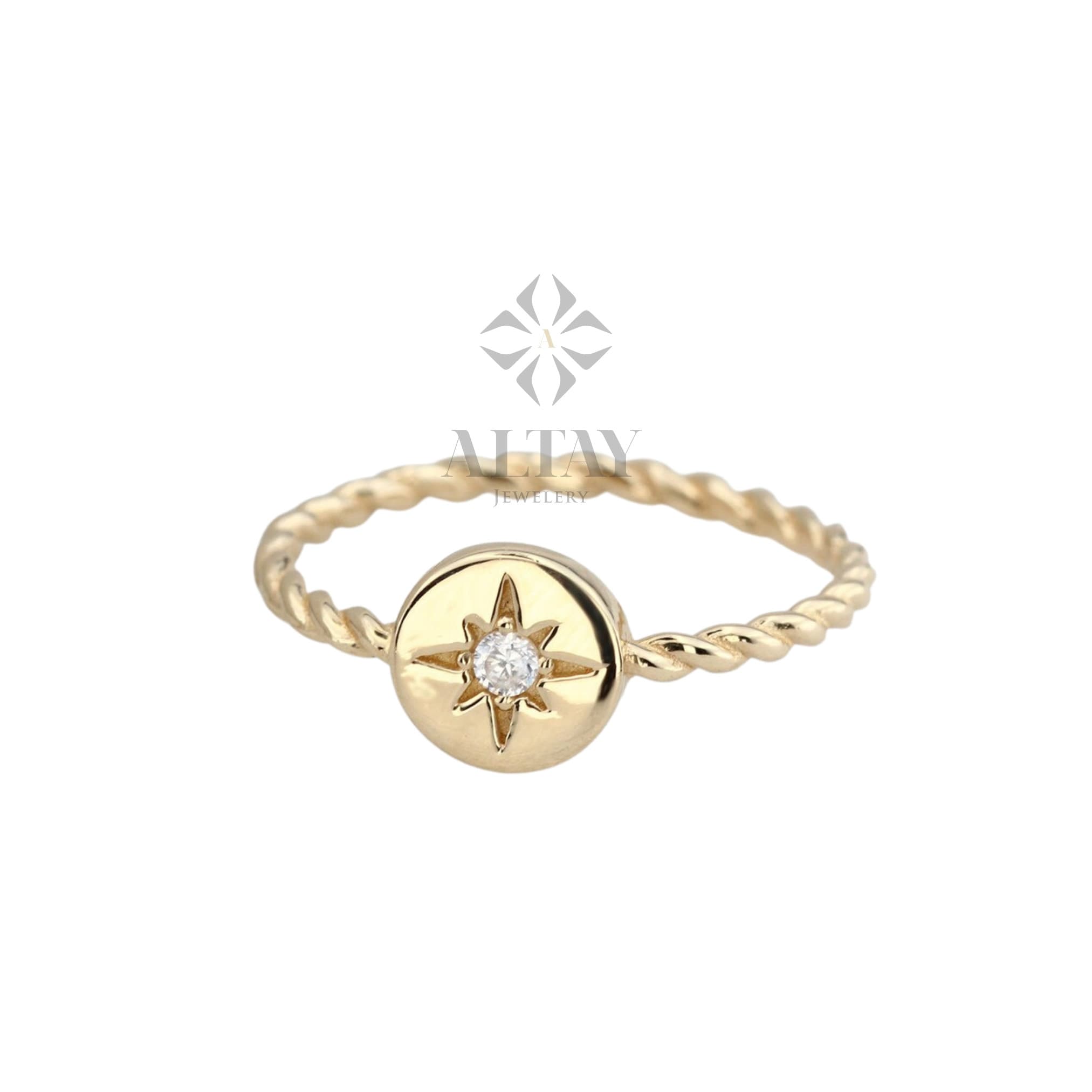 14K Gold North Star Ring, Gold Polar Star Band, Gold Cz Diamond Star Ring, Astrology Starburst Ring, Luck Star Ring, Celestial Pinky Ring