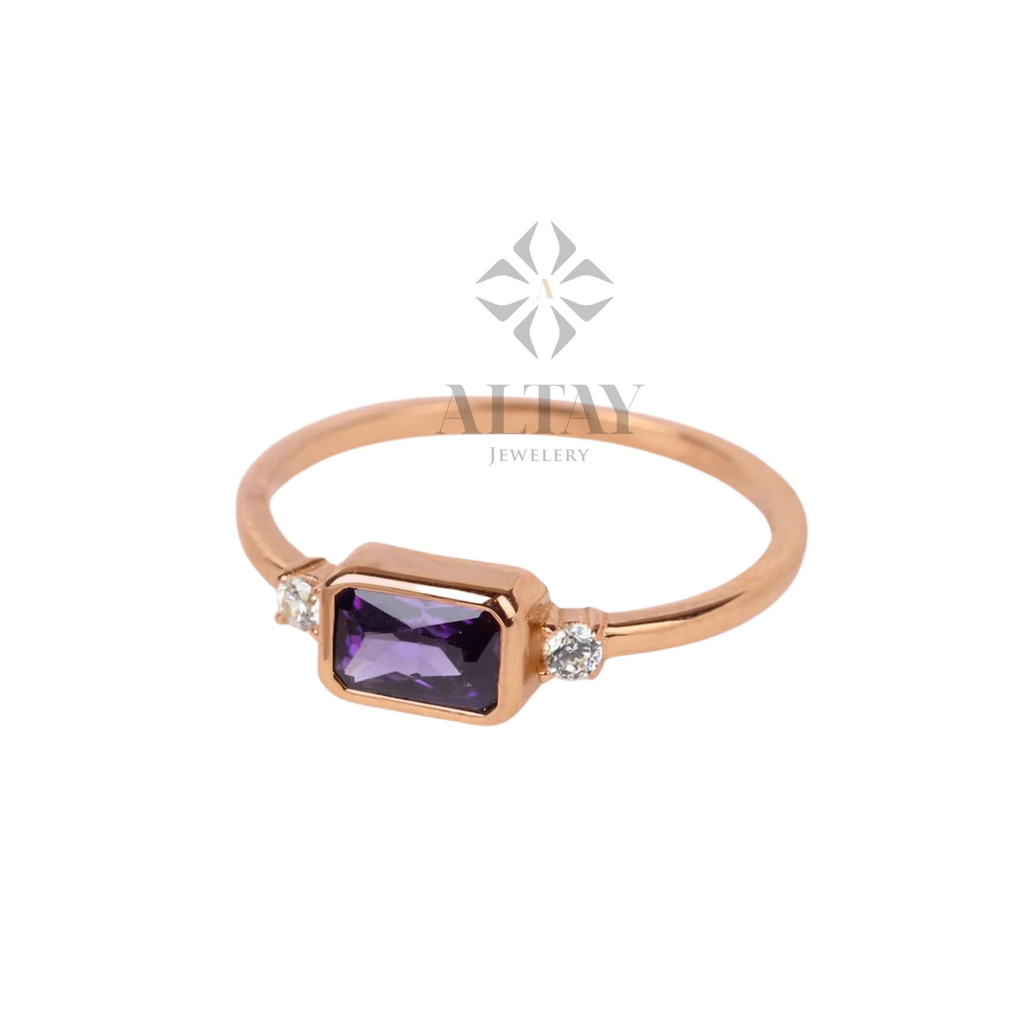14K Gold Amethyst Ring, Emerald Cut Purple Stone Ring, Dainty Real Gold Birthstone Ring, Minimal Diamond Accent Band, Gift for Her