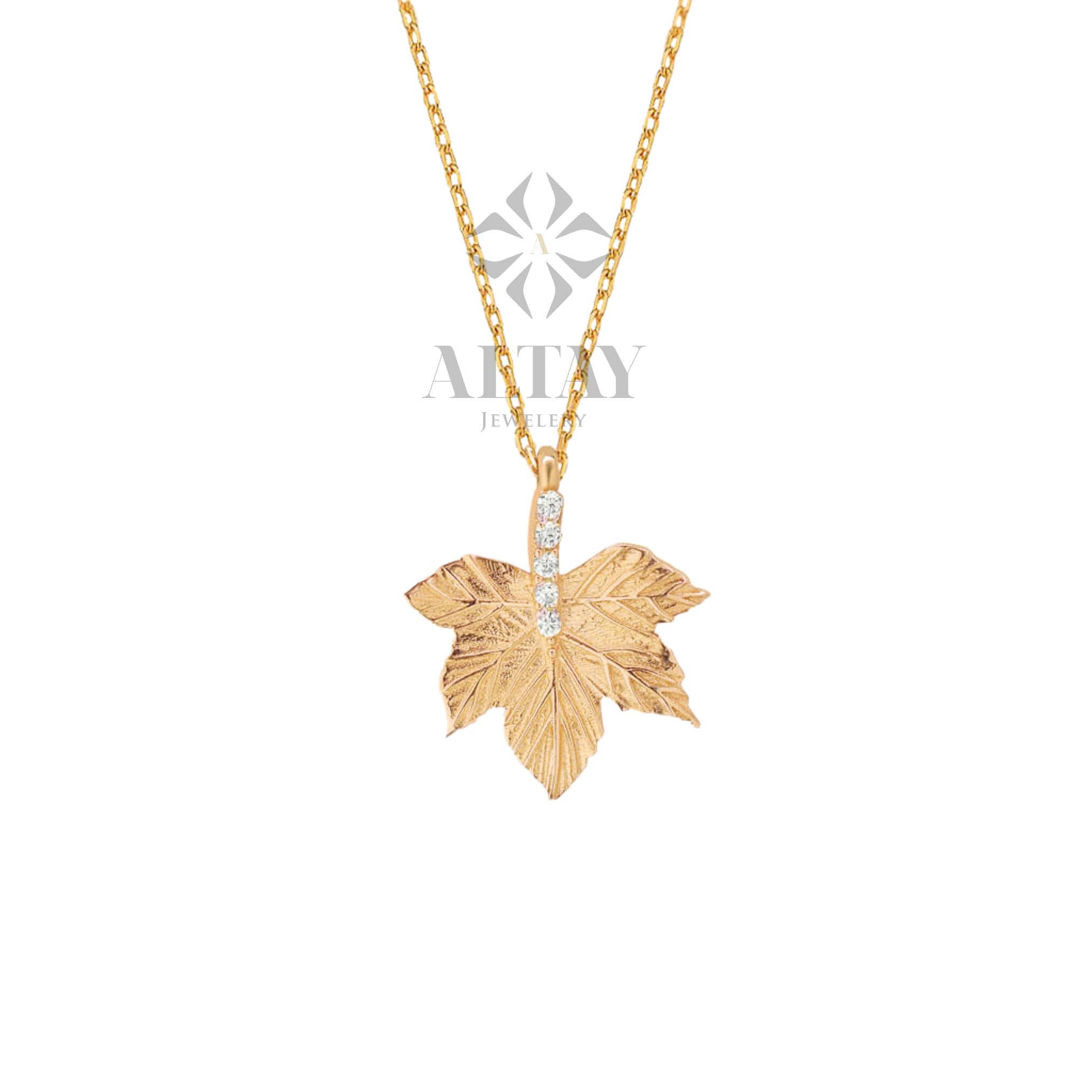 14K Gold Maple Leaf Necklace, Canadian Maple CZ Diamond Pendant Necklace, Canada Leaf Charm, Fall Leaf Jewelry, Dainty Layering Necklace