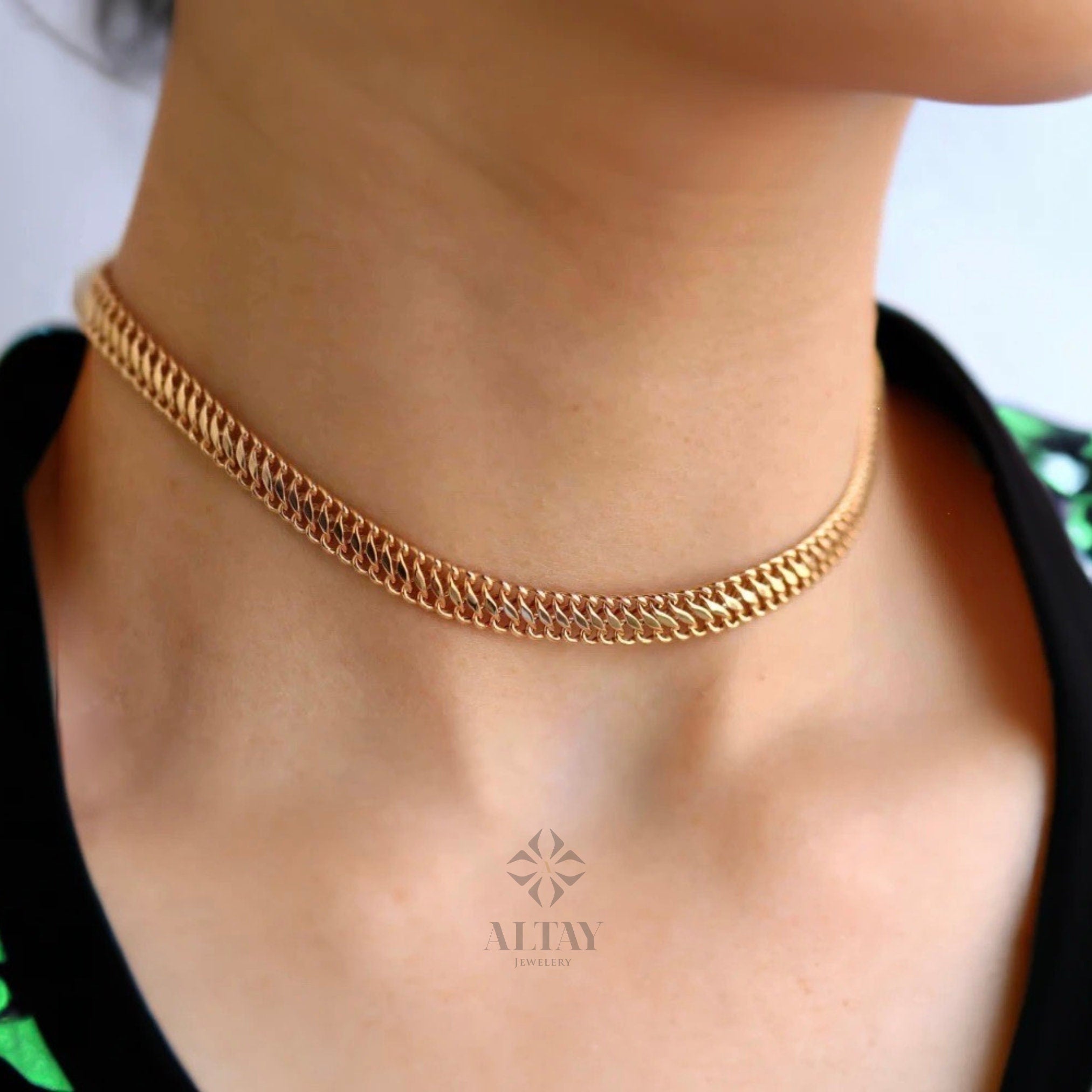14K Gold Double Curb Chain Necklace, 8mm Vienna Chain Choker, Dailywear Jewelery, Armoured Chain, Minimal Fine Charm Jewelry, Gift For Her