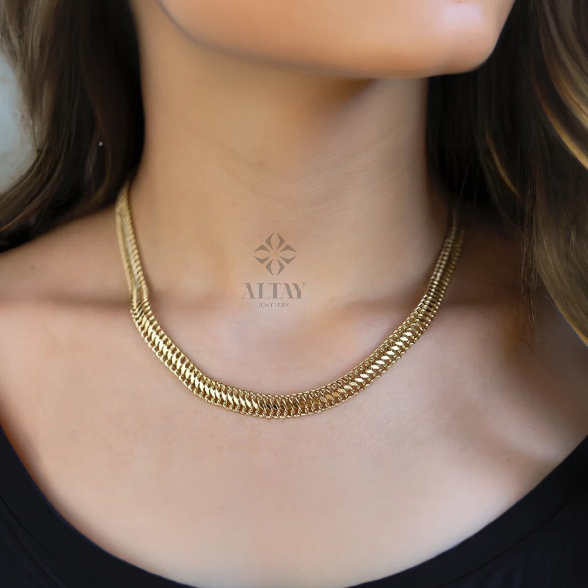 14K Gold Double Curb Chain Necklace, 8mm Vienna Chain Choker, Dailywear Jewelery, Armoured Chain, Minimal Fine Charm Jewelry, Gift For Her