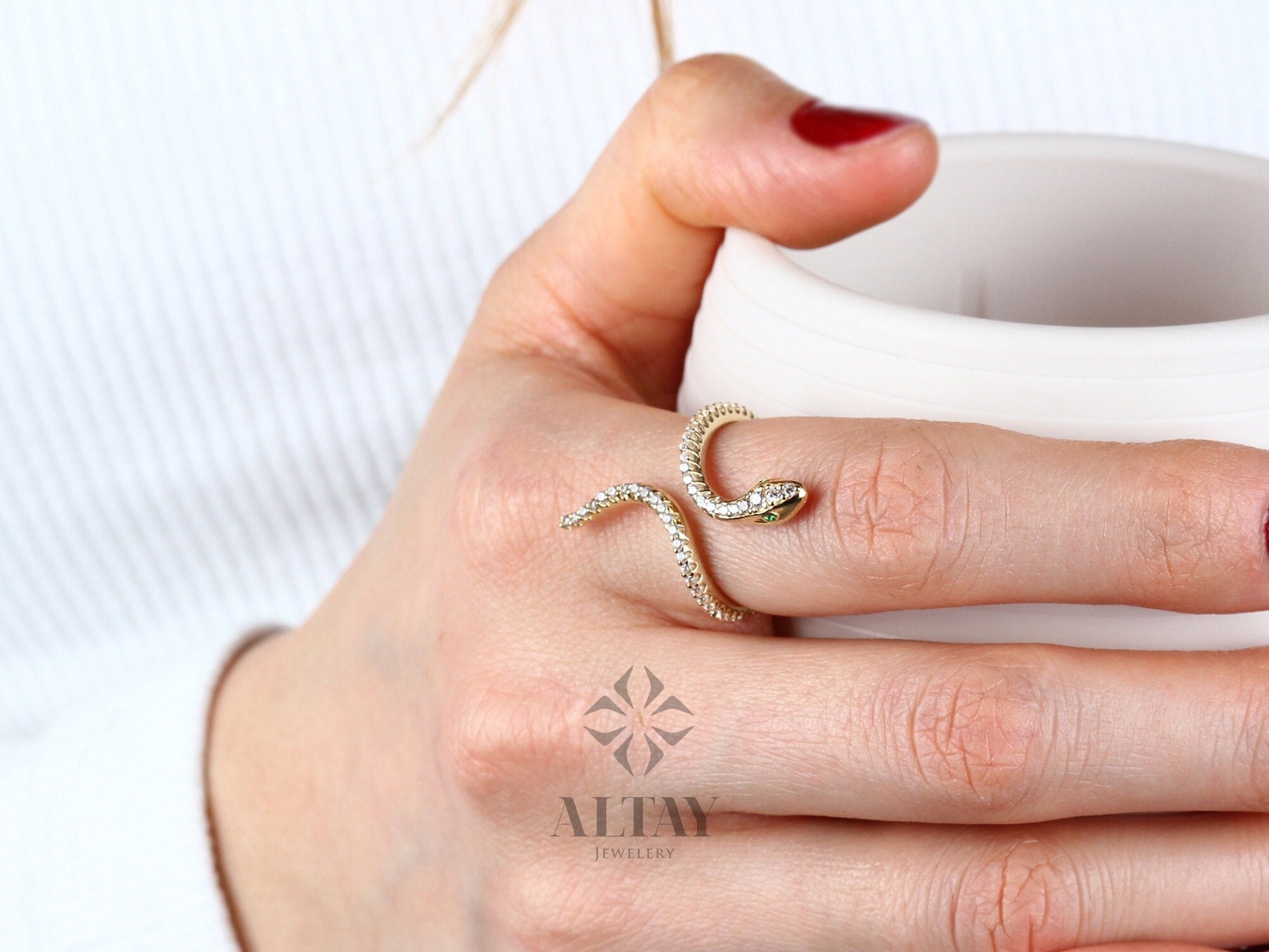 14K Gold Snake Ring, Snake Band, Cz Diamond Open Serpent Jewelry, Dainty Stacking Animal Rings, Snake Style Ring, Statement Band Wrap Ring