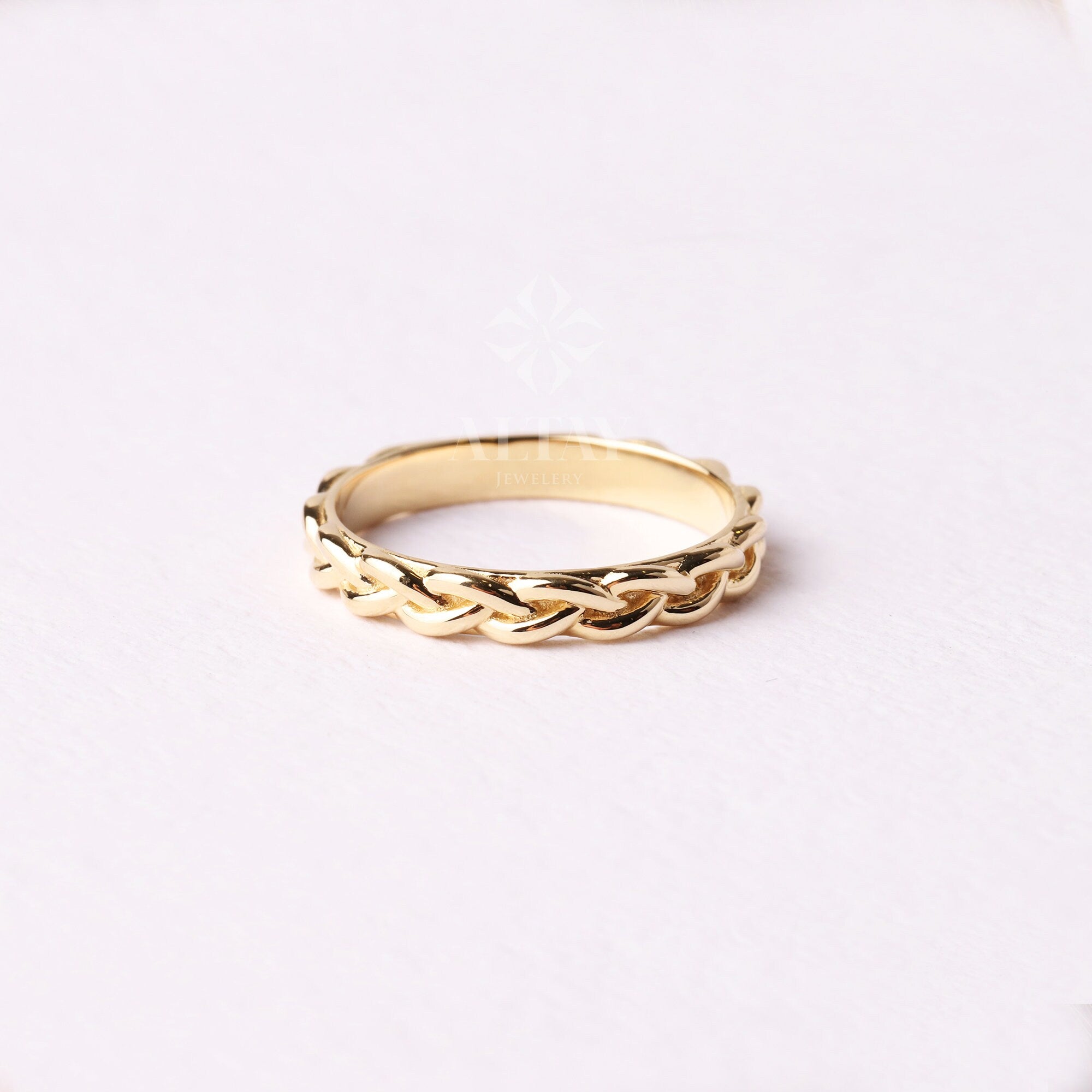 14K Gold Palm Franco Chain Ring, Celtic Braided Gold Ring, Irish Knot Ring, Braid Pattern Stacking Ring, Foxtail Palm Wheat Chain Ring