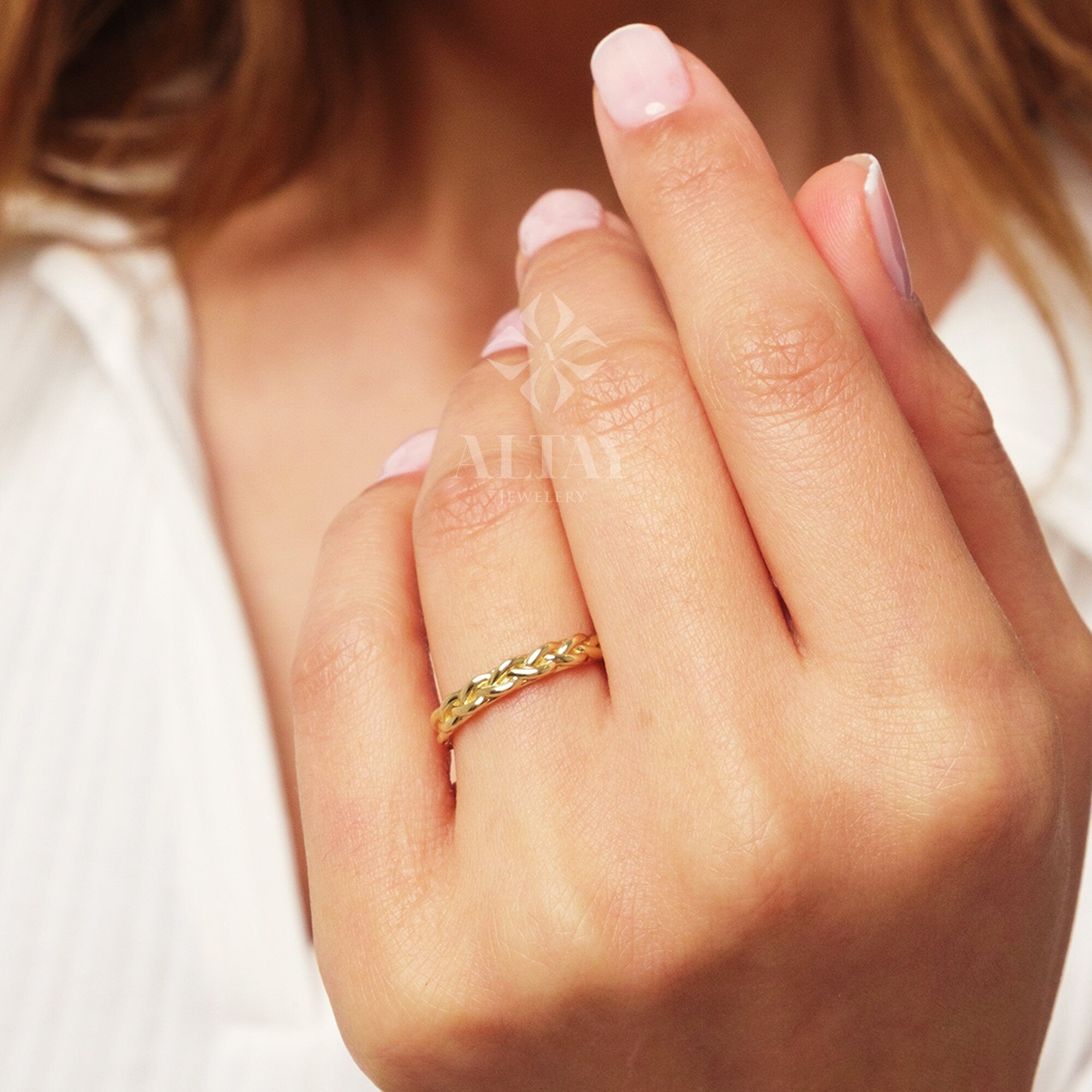 14K Gold Palm Franco Chain Ring, Celtic Braided Gold Ring, Irish Knot Ring, Braid Pattern Stacking Ring, Foxtail Palm Wheat Chain Ring