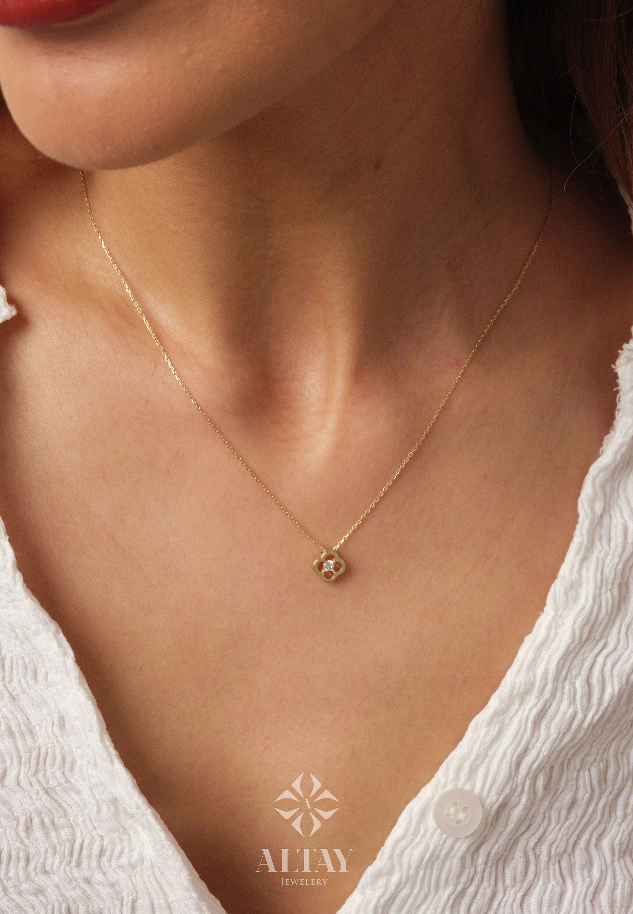 14K Gold Clover Necklace, Cz Diamond Necklace, Small Clover Necklace, Good Luck Charm, Clover Charm Pendant, Pave Four Leaf Necklace