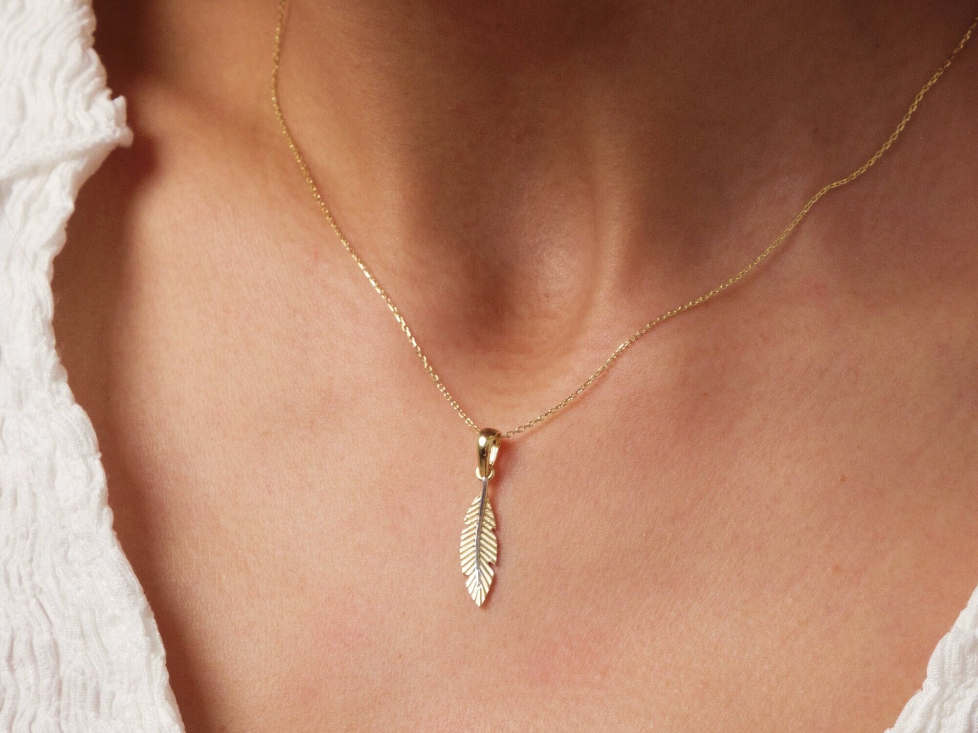 14K Gold Feather Necklace, Feather Charm Pendant, Dainty Layering Necklace, Minimal Feather Charm Choker, Leaf Necklace, Good Luck Necklace