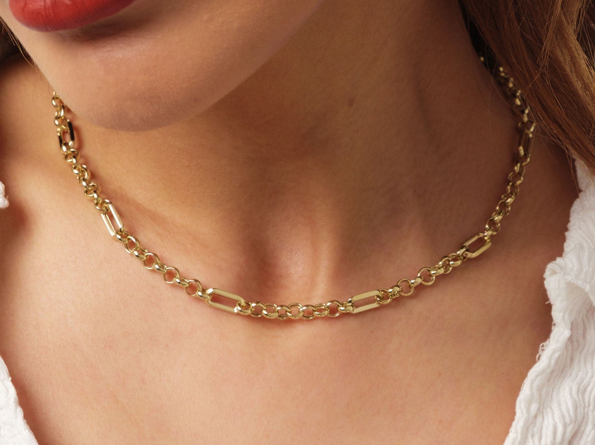 14K Gold Rectangle Long Chain Necklace, Paperclip Italian Rolo Chain, Chunky Round Chain Link Necklace, Layered Everyday Choker Necklace