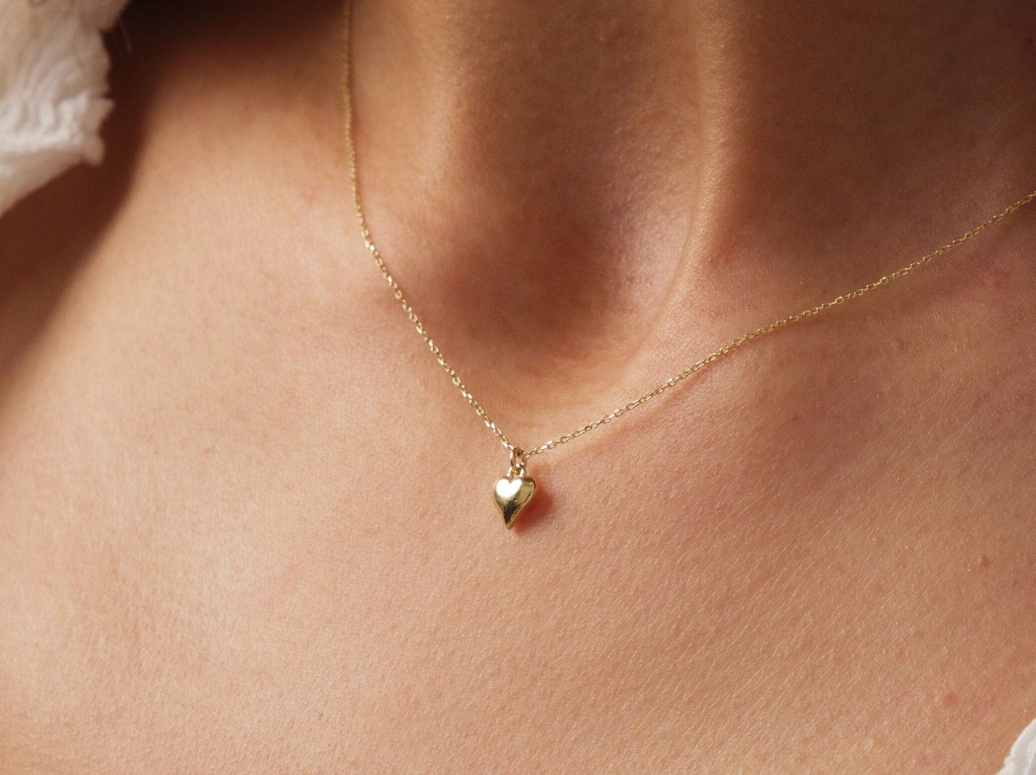 14K Gold Heart Necklace, Puffy Heart Necklace, Mini 3D Heart Pendant, Small Heart Real Gold Charm, Love Pendant Necklace, Gift for Her