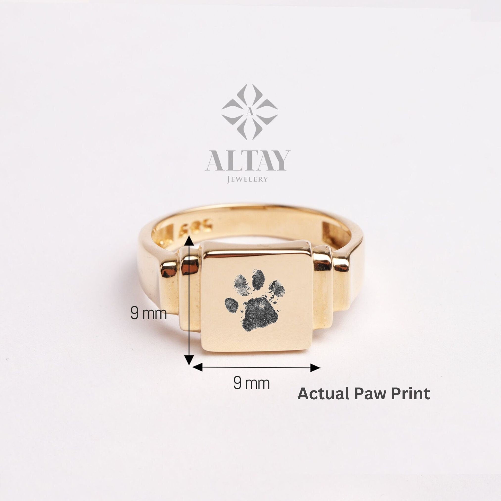 14K Gold Pet Portrait Ring, Personalized Pet Signet Engraved, Cat Dog Print Memorial Ring, Pet Photo Paw Print Ring, Remembrance Jewelry