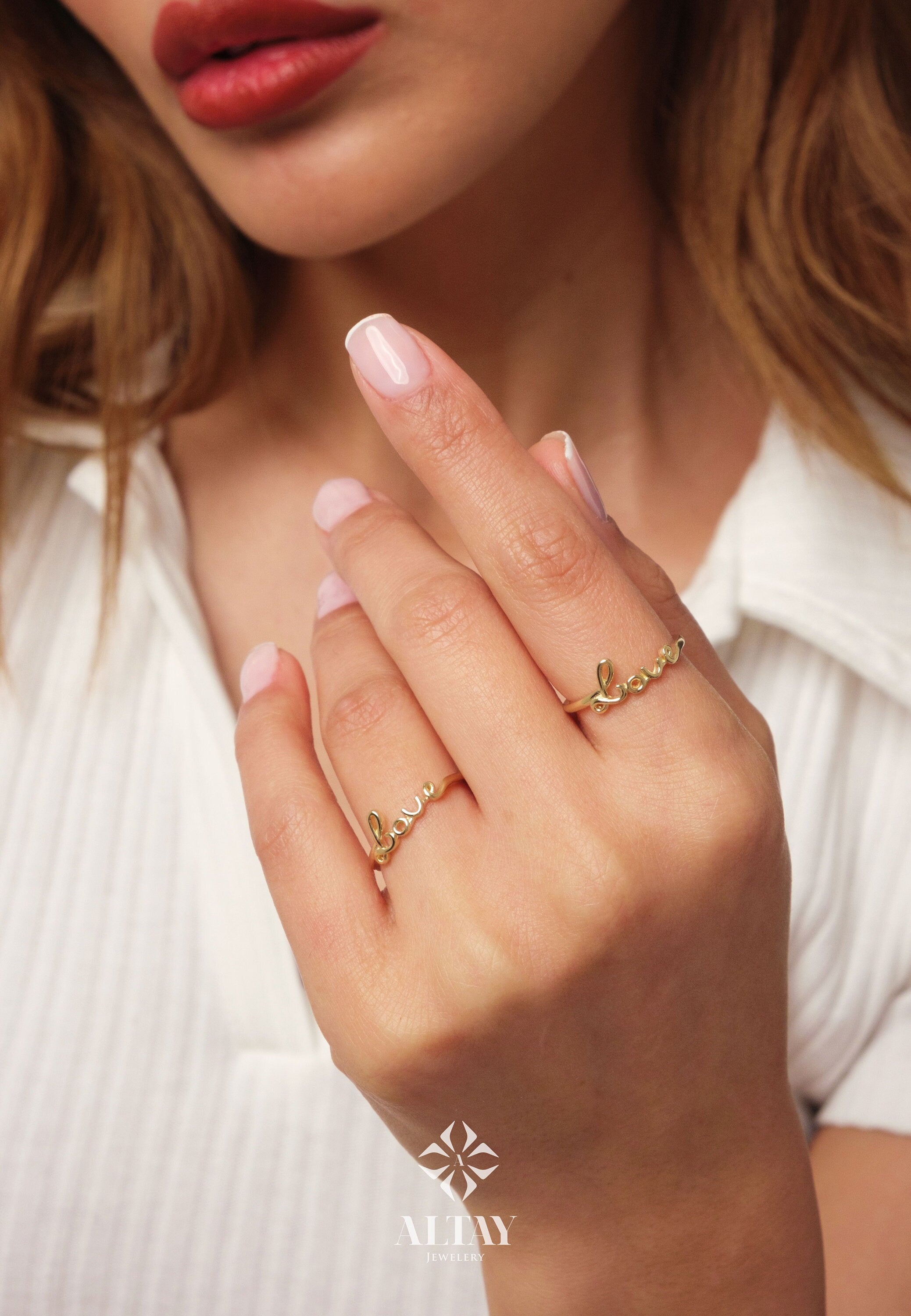 14K Gold Love Ring, Cursive Love Word Signet Ring, Stackable Love Ring, Dainty Script Love Ring, Love Engraved Gold Ring, Engagement Ring