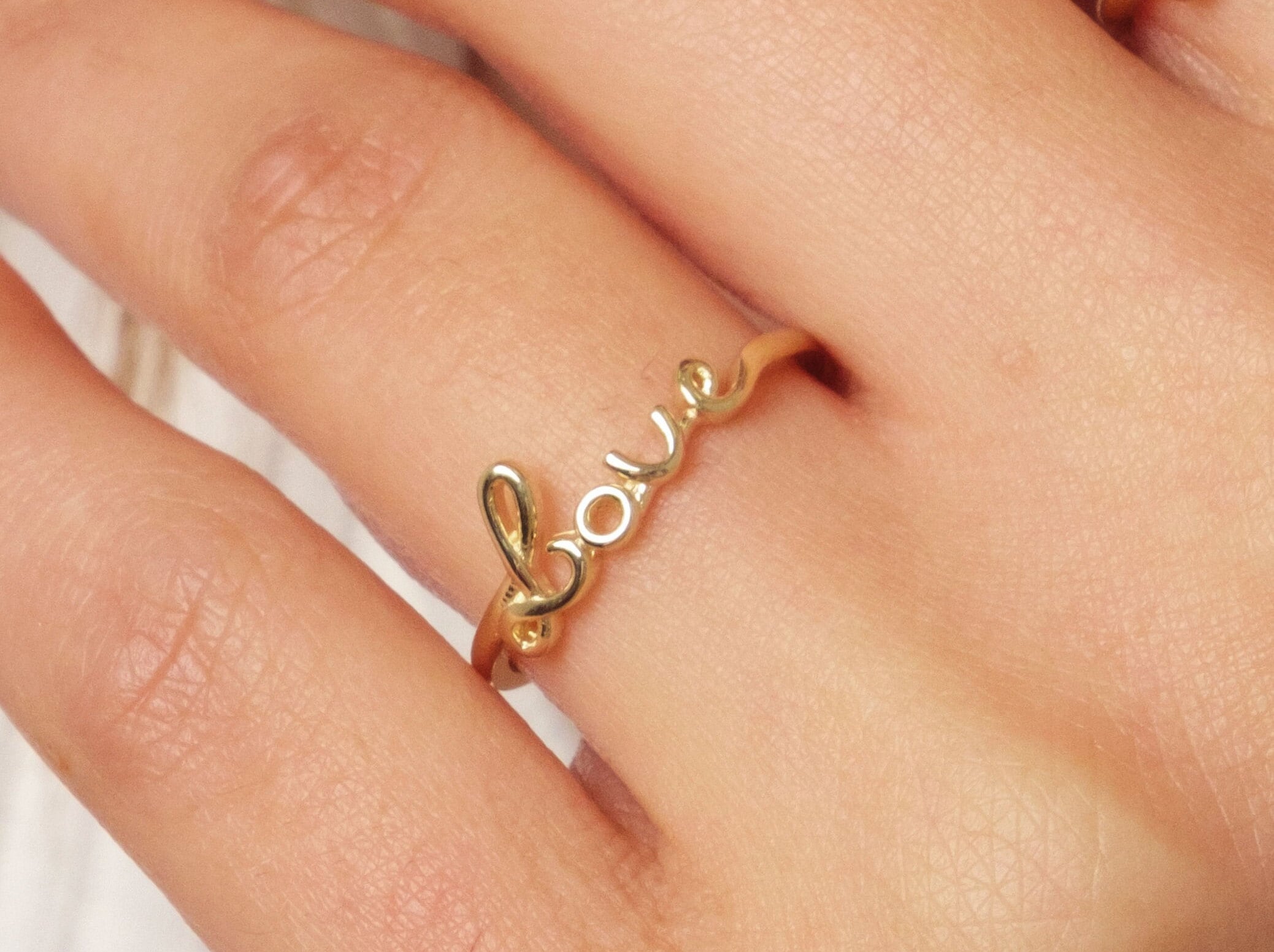 14K Gold Love Ring, Cursive Love Word Signet Ring, Stackable Love Ring, Dainty Script Love Ring, Love Engraved Gold Ring, Engagement Ring