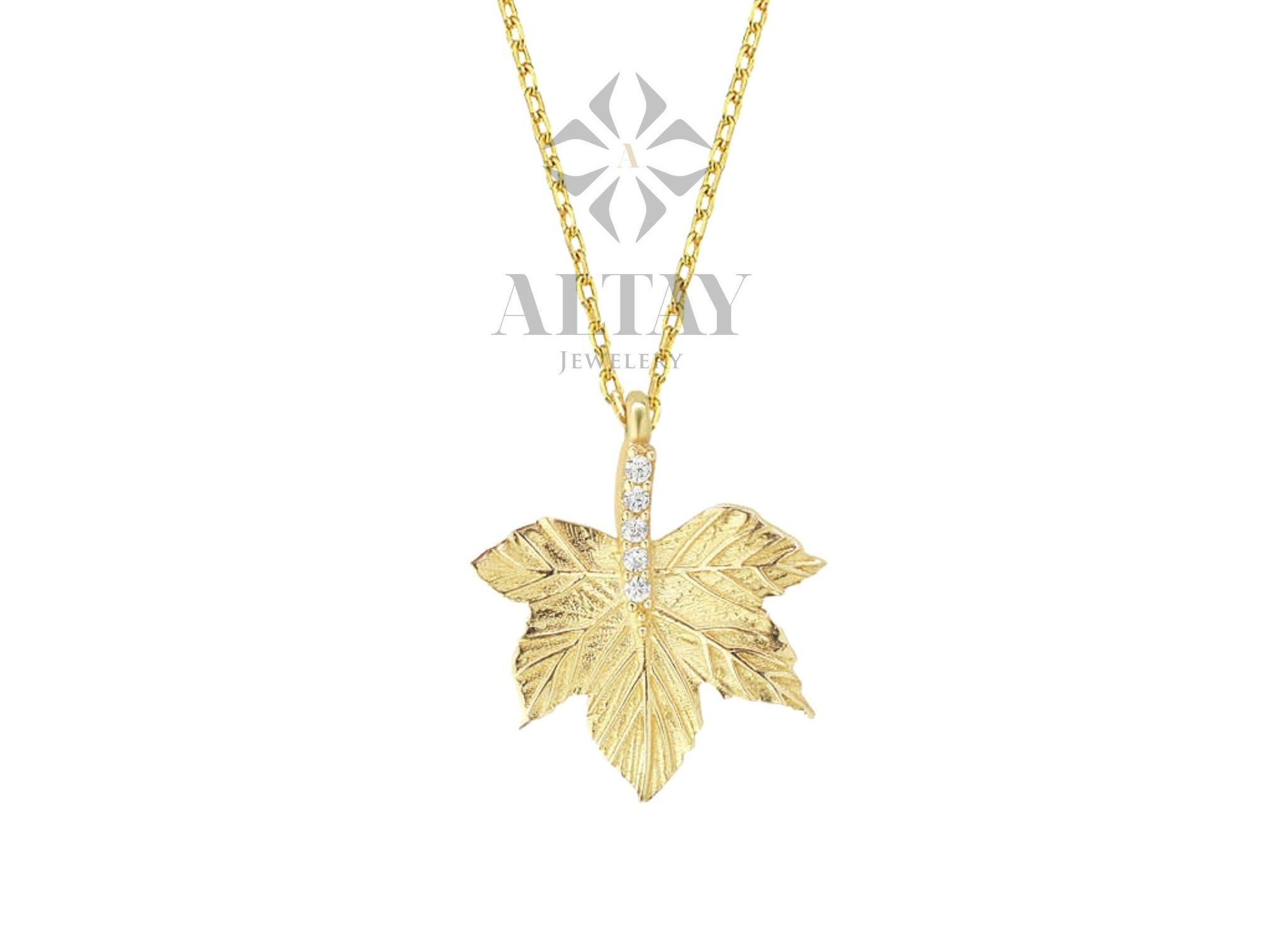 14K Gold Maple Leaf Necklace, Canadian Maple CZ Diamond Pendant Necklace, Canada Leaf Charm, Fall Leaf Jewelry, Dainty Layering Necklace