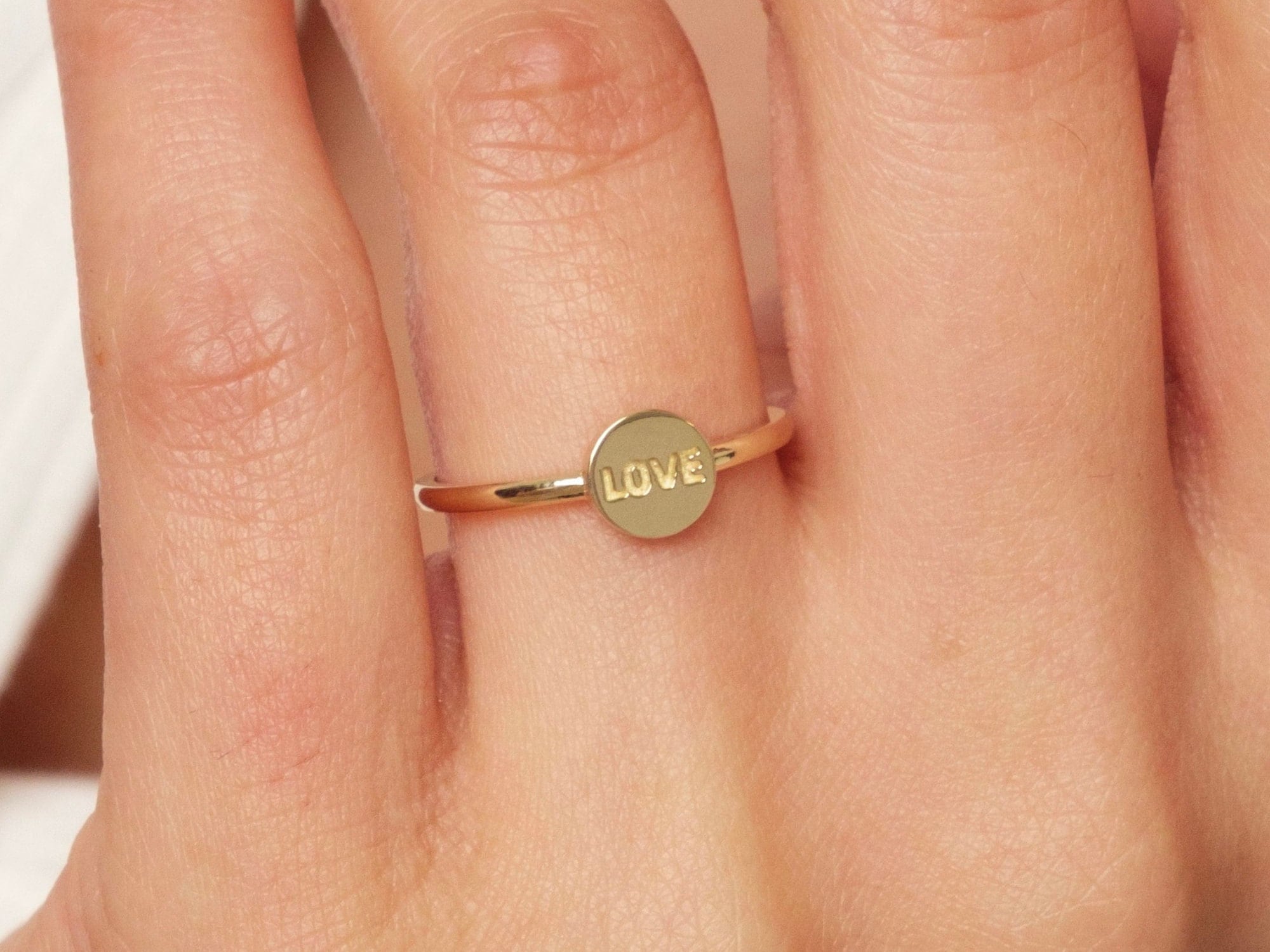 14K Gold Love Ring, Love Word Signet Ring, Stackable Round Love Ring, Dainty Script Love Ring, Love Engraved Ring, Stacking Love Jewelry