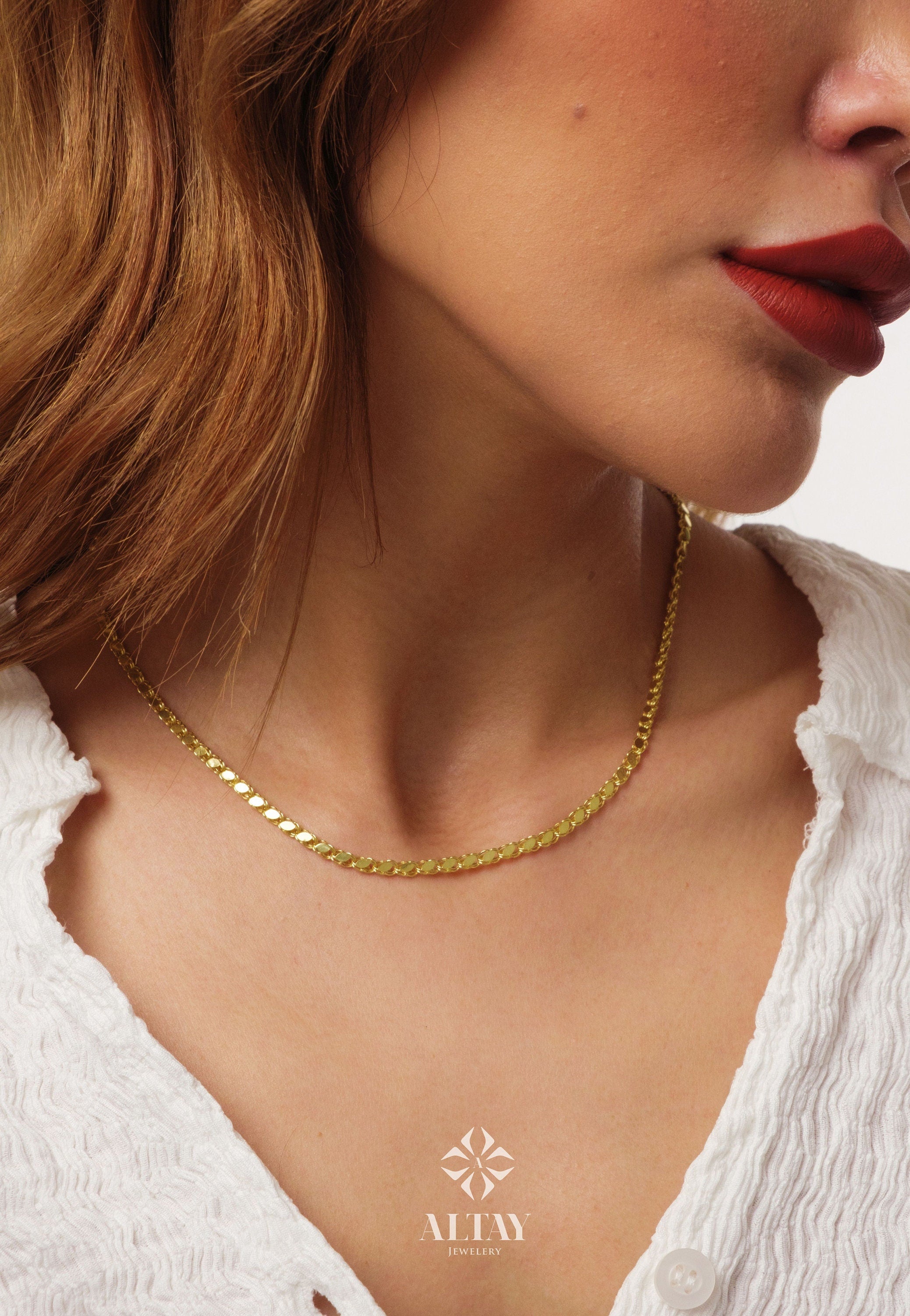 14K Gold Mirror Chain Necklace, 3mm Faceted Chain Necklace, Glitter Chain Choker, Flat Link Chain Necklace, Sparkle Mirror Chain Necklace