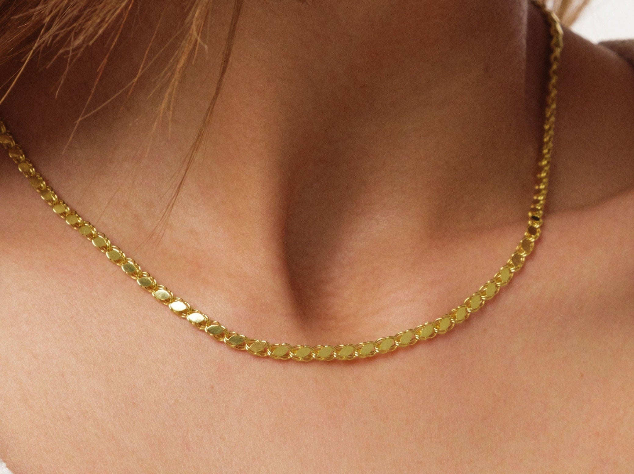 14K Gold Mirror Chain Necklace, 3mm Faceted Chain Necklace, Glitter Chain Choker, Flat Link Chain Necklace, Sparkle Mirror Chain Necklace