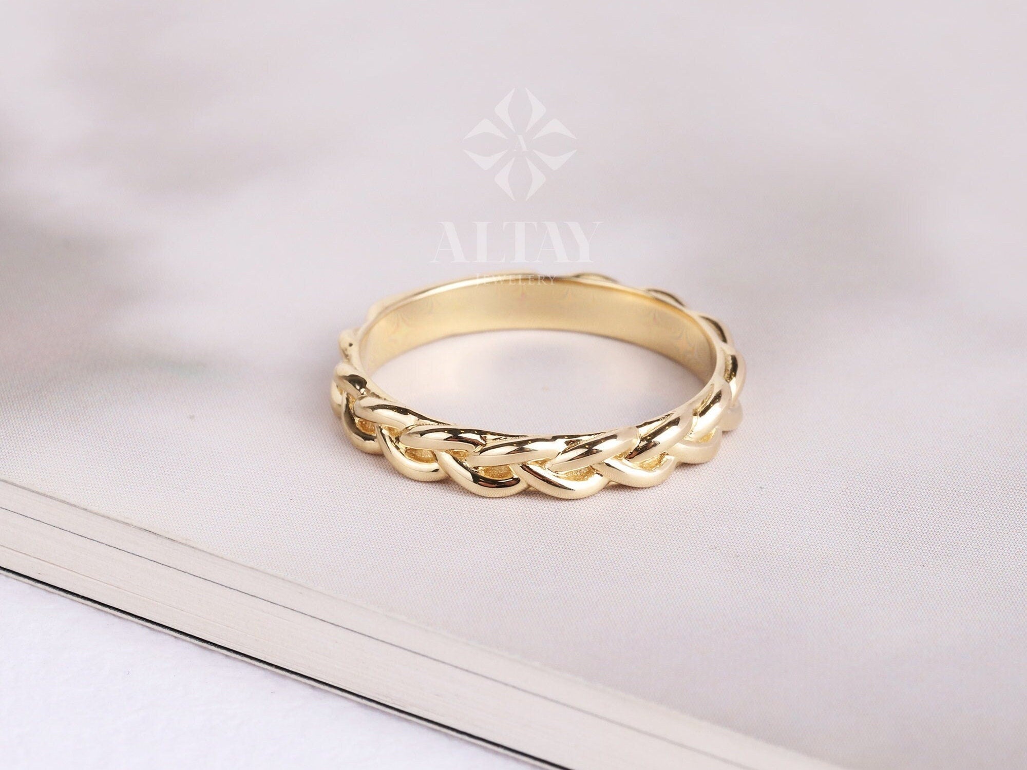 14K Gold Palm Franco Chain Ring, Celtic Braided Gold Ring, Irish Knot Ring, Braid Pattern Stacking Ring, Foxtail Palm Wheat Chain Ring