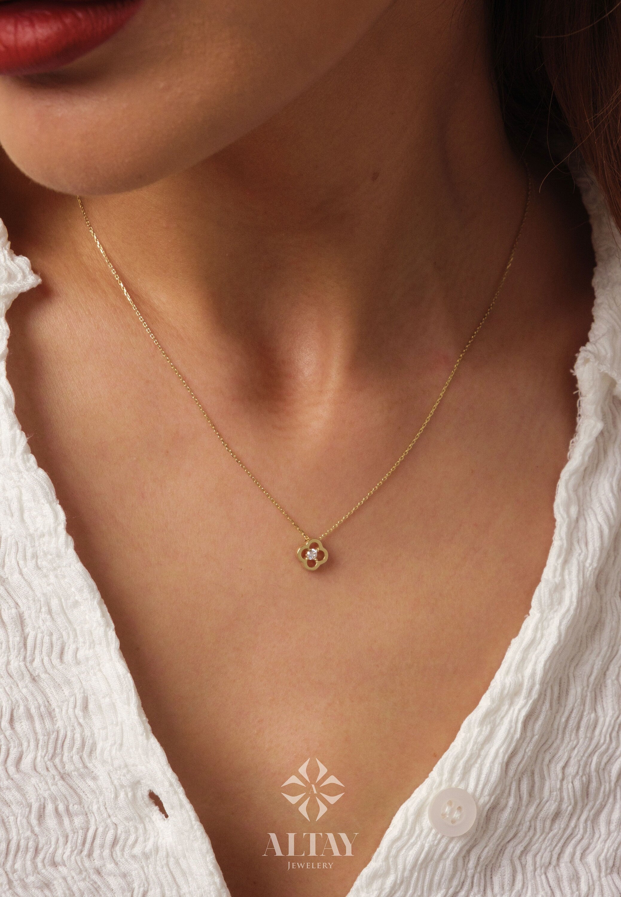 14K Gold Clover Necklace, Cz Diamond Necklace, Small Clover Necklace, Good Luck Charm, Clover Charm Pendant, Pave Four Leaf Necklace